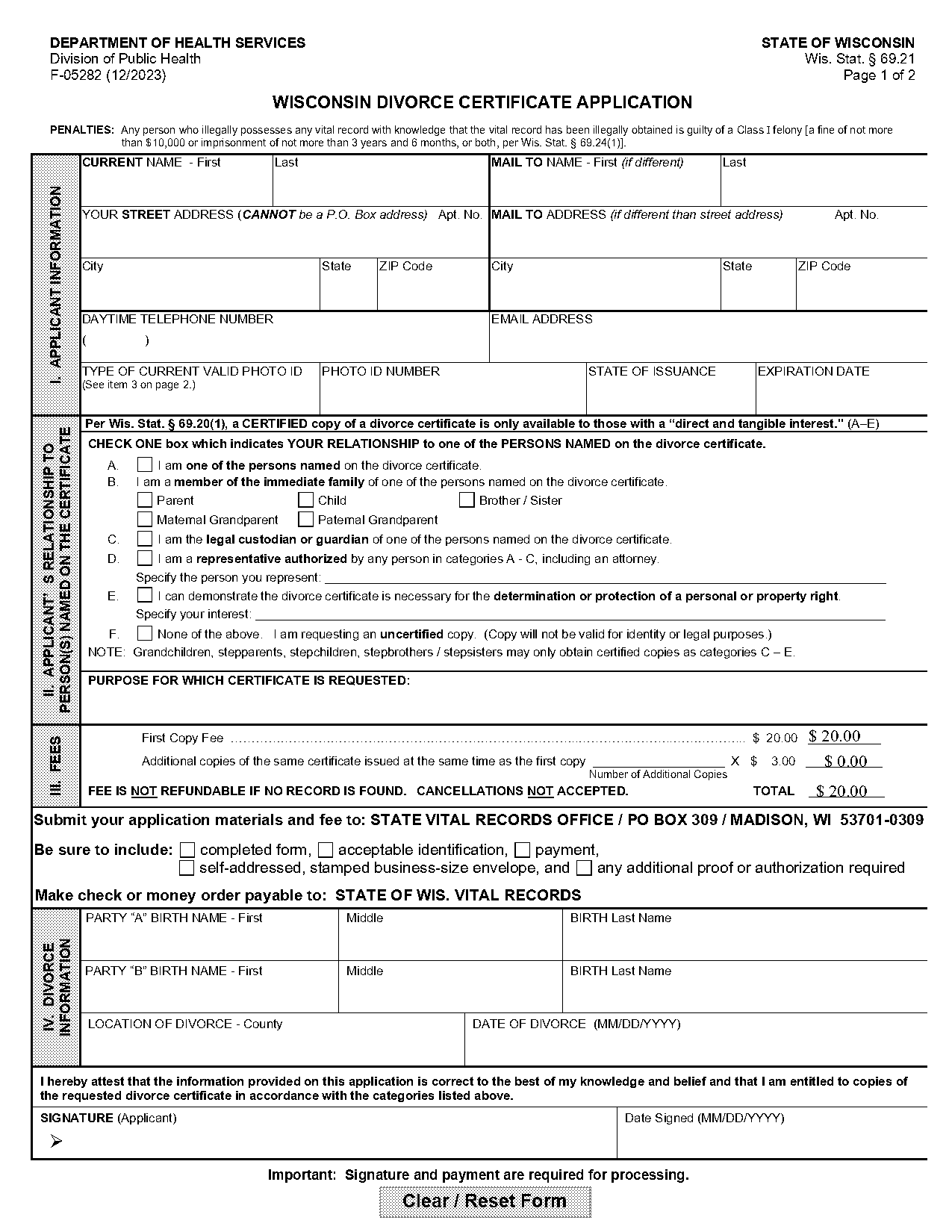 wisconsin vital stats form divorce