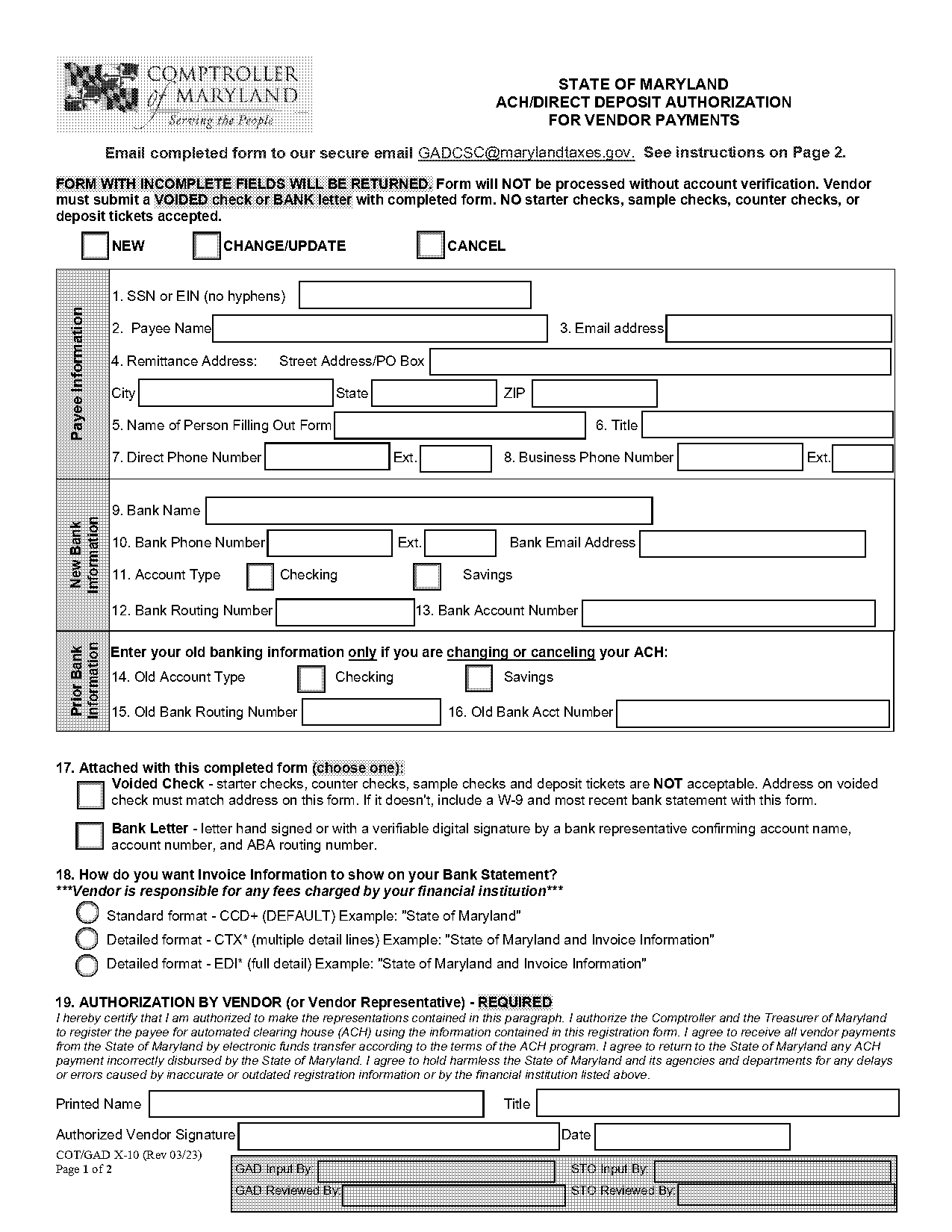 vendor ach direct deposit authorization form