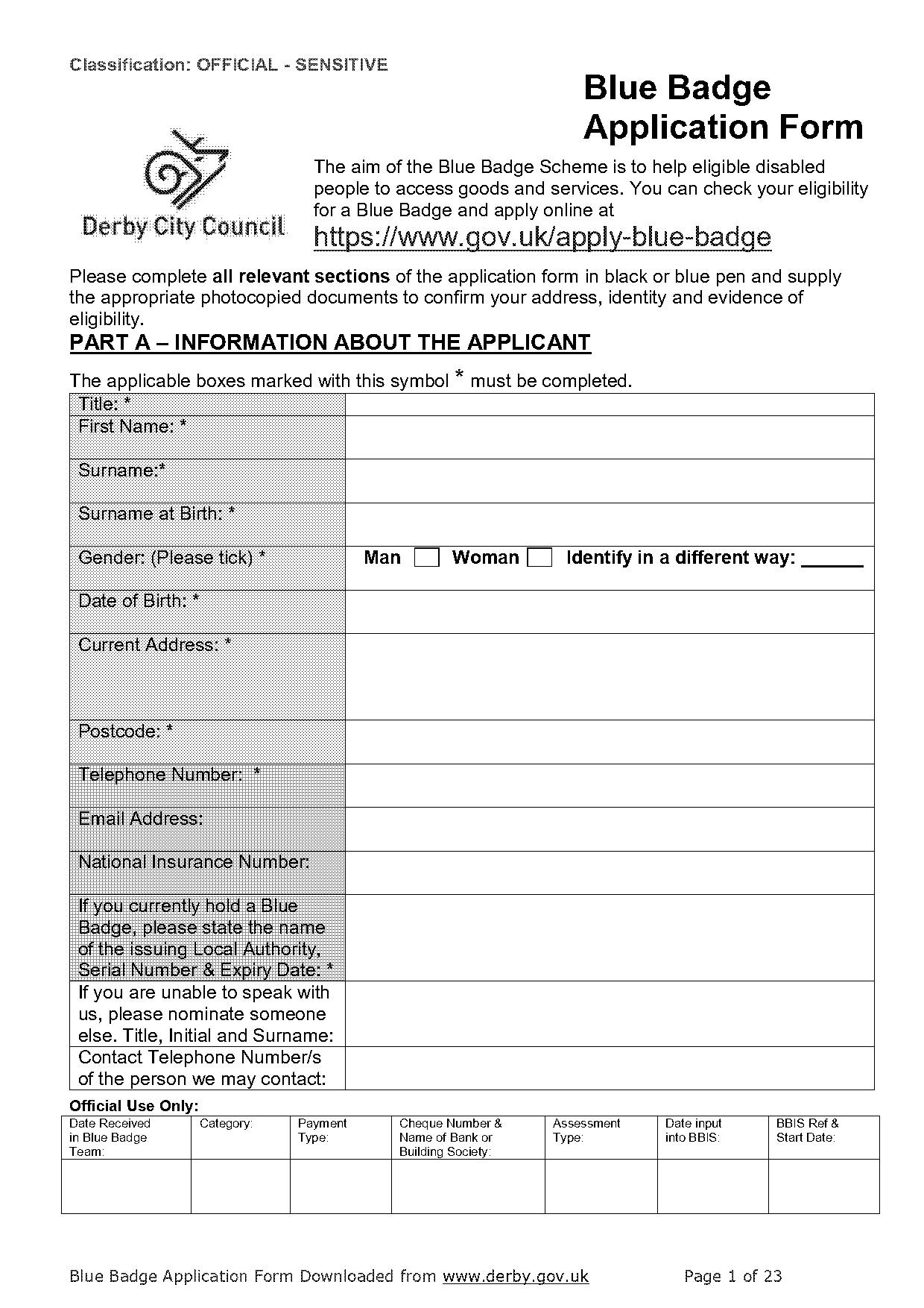 can i download an application form for a blue badge