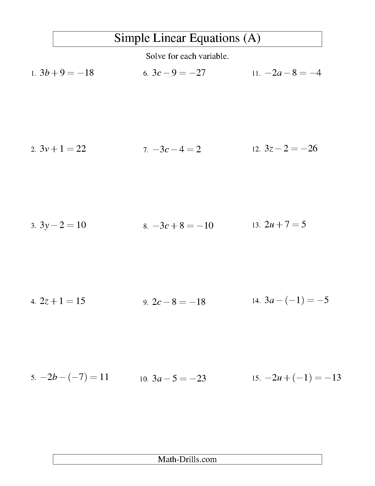 solving linear equations free worksheets