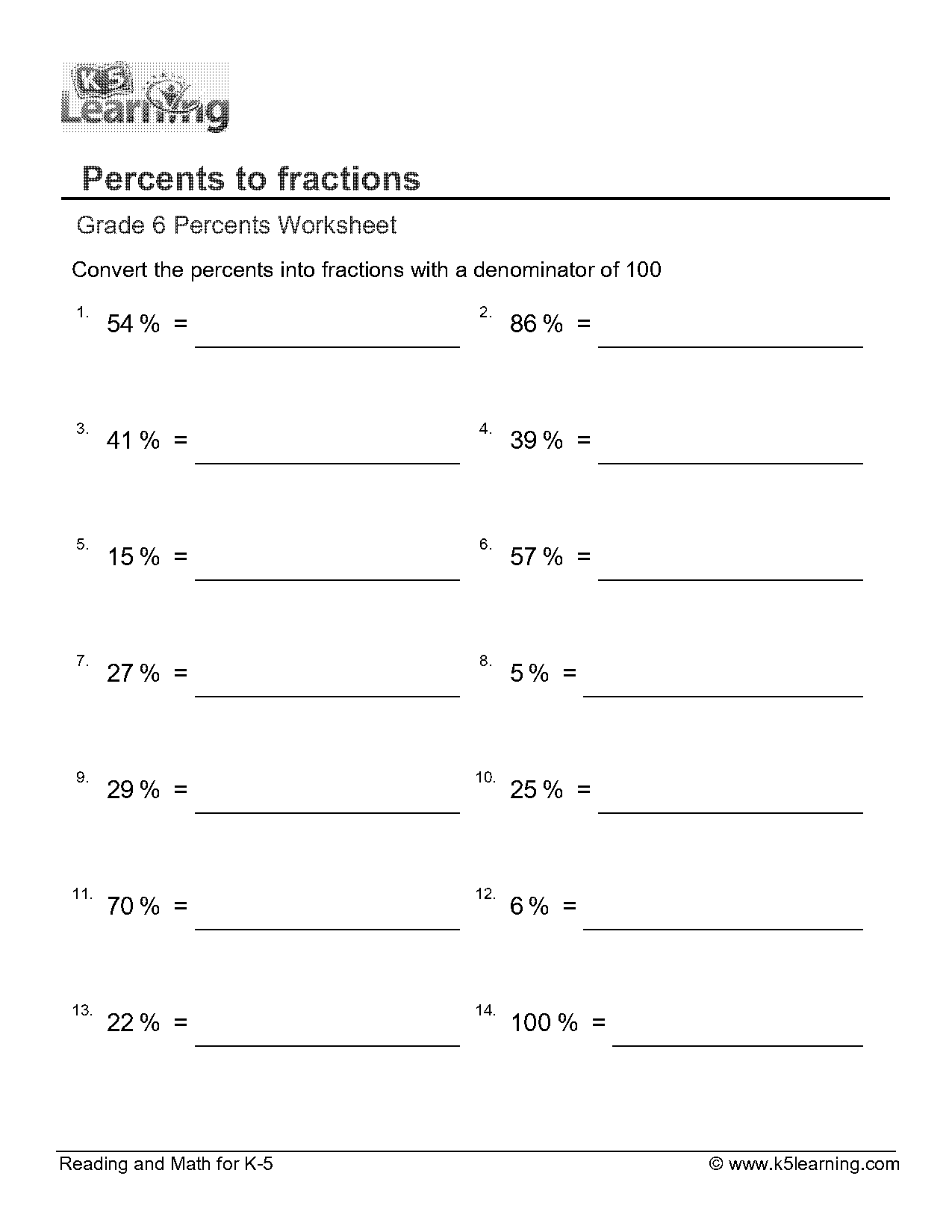 changing percentages to fractions worksheets