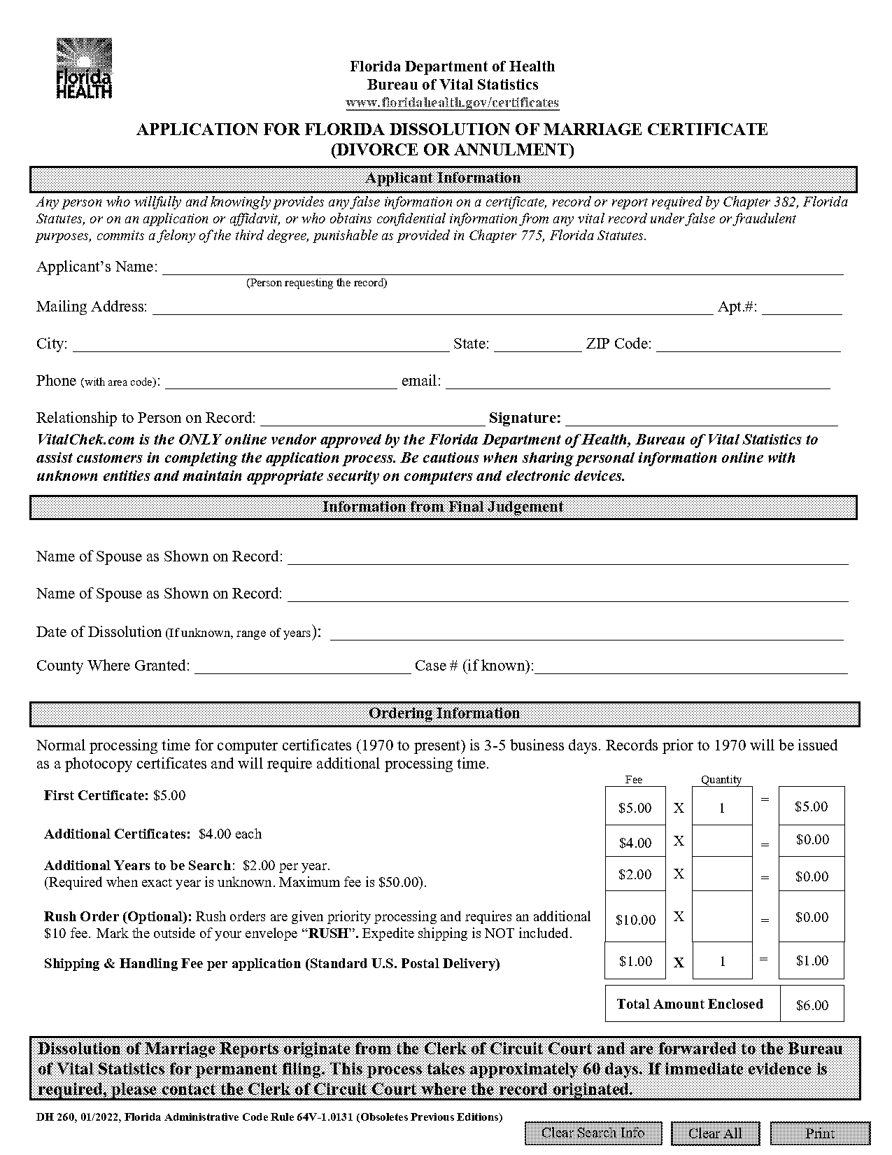 record of divorce or annulment form purpose