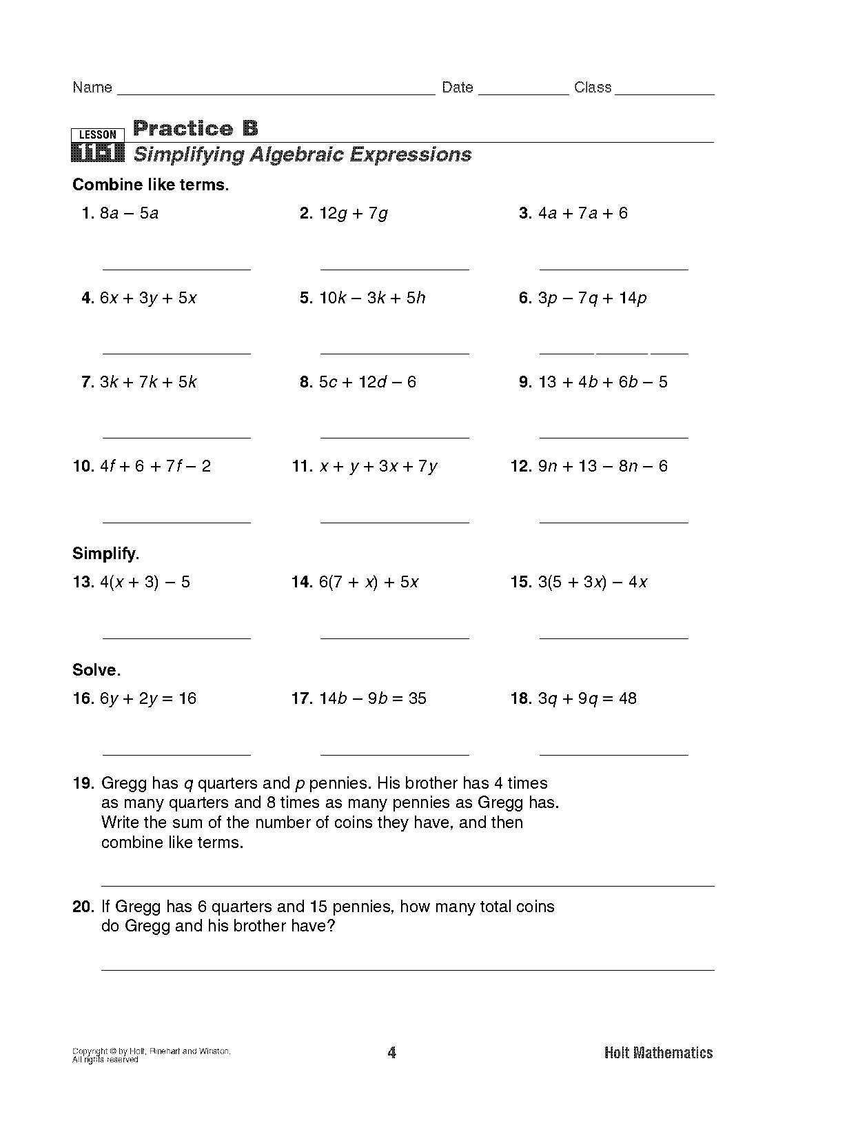 simplifying algebraic expressions practice worksheets