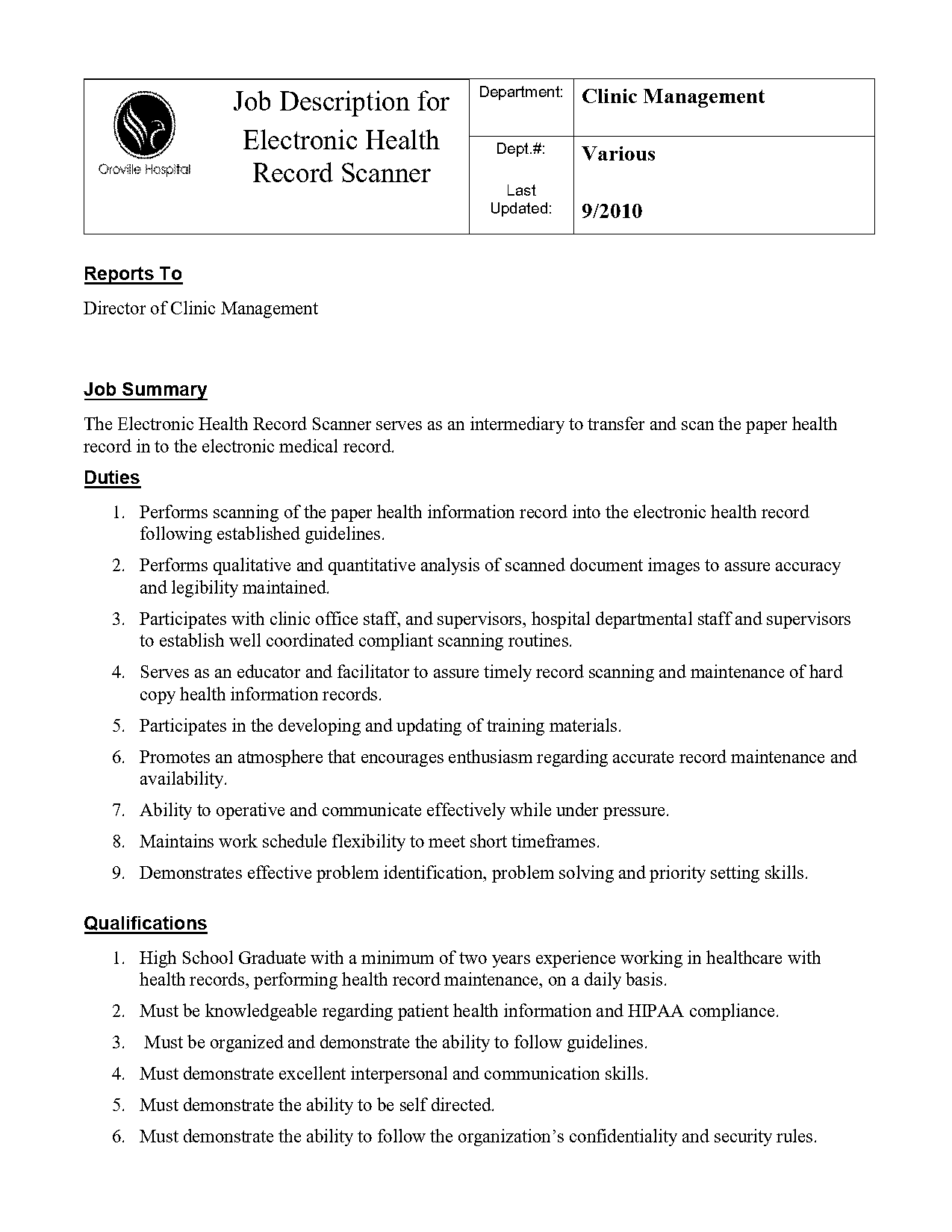 health records job description