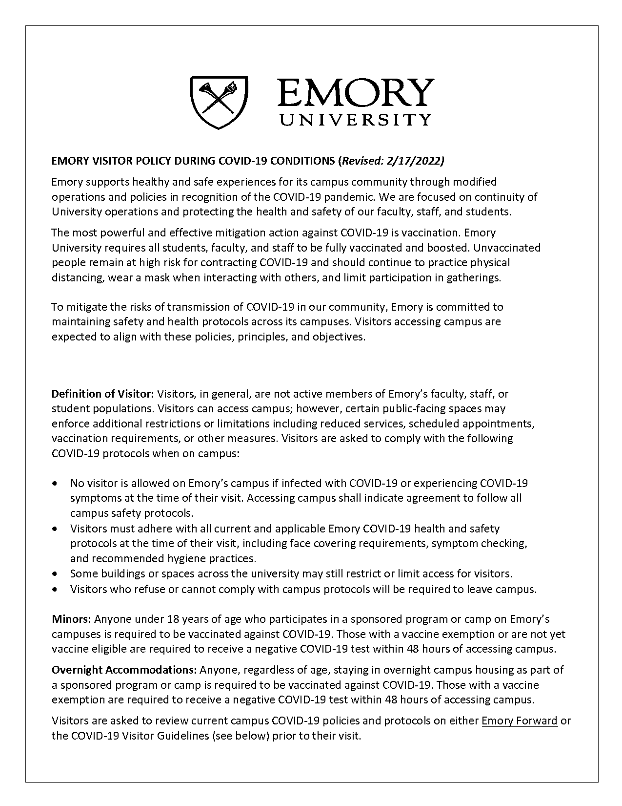 emory healthcare visitor policy