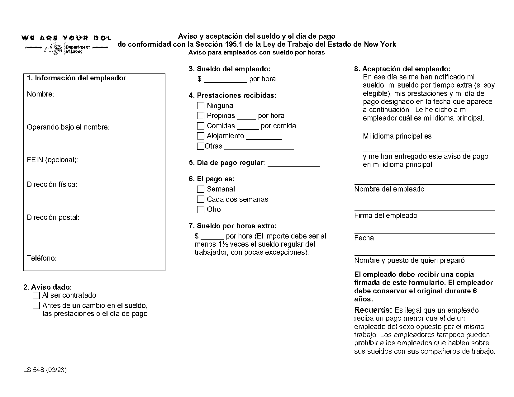 notice of acknowledgement of pay rate spanish