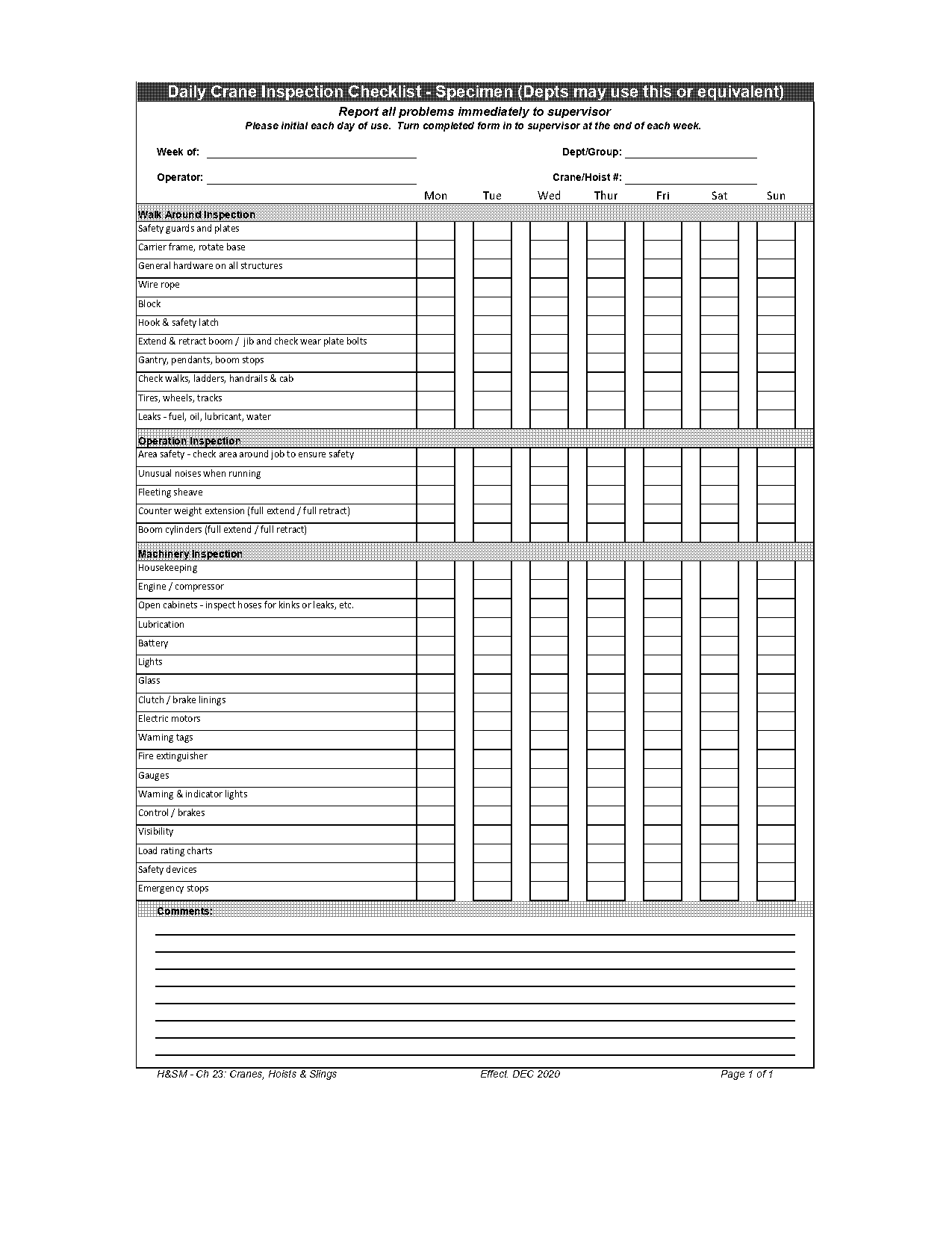 crane safety inspection checklist