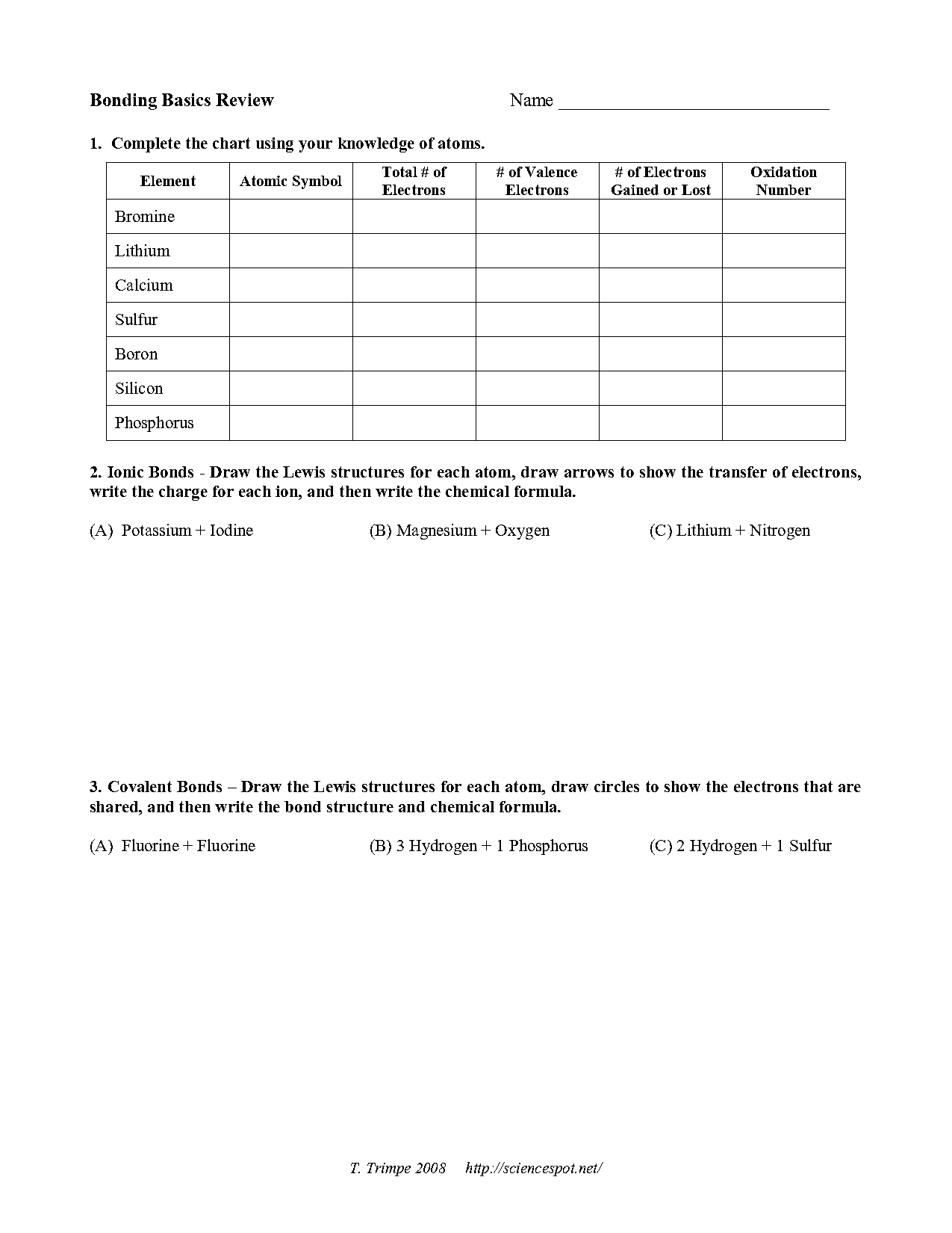 atoms and bonding worksheet