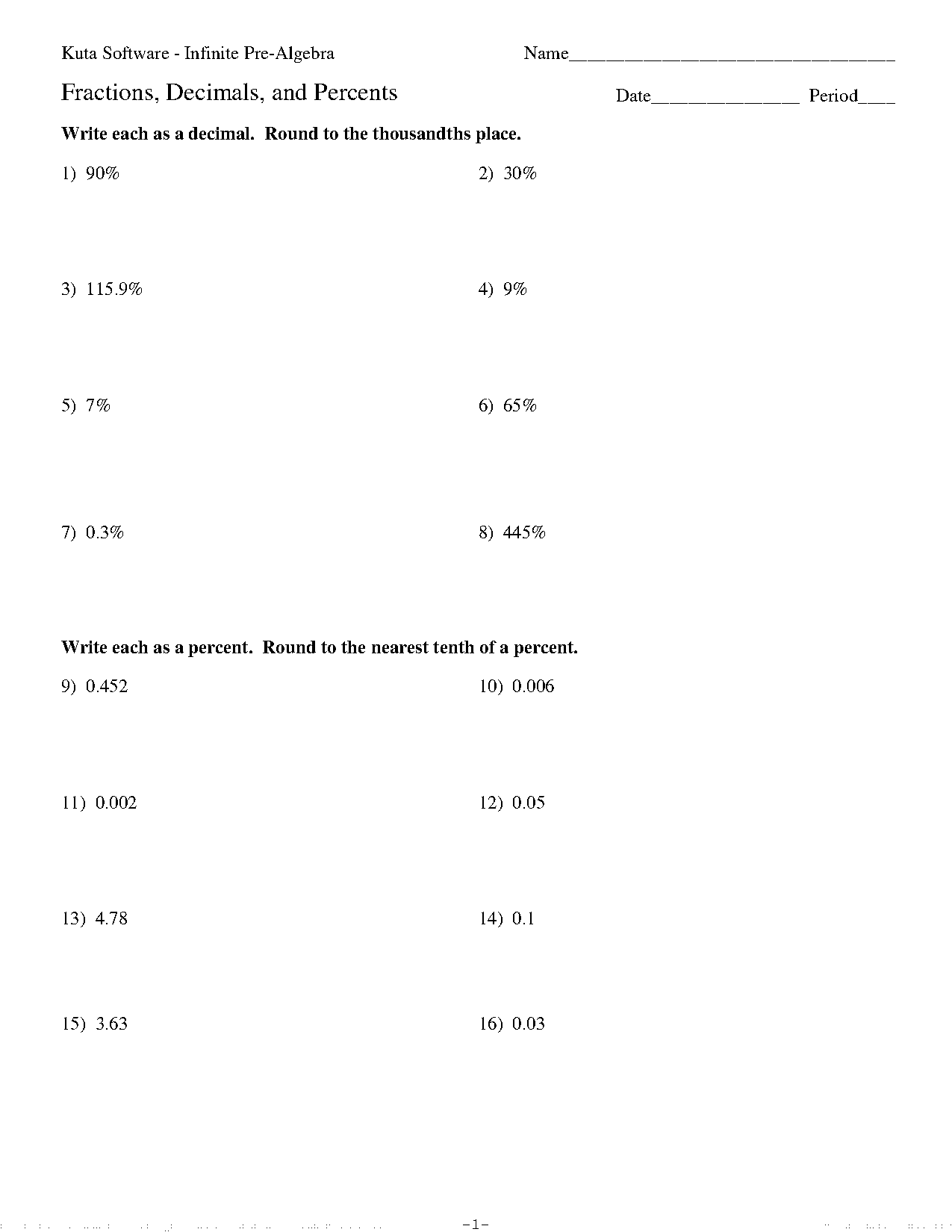 fraction decimal and percent conversion worksheet