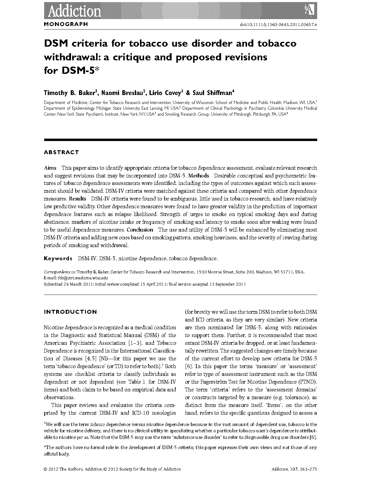 tobacco withdrawal symptom checklist