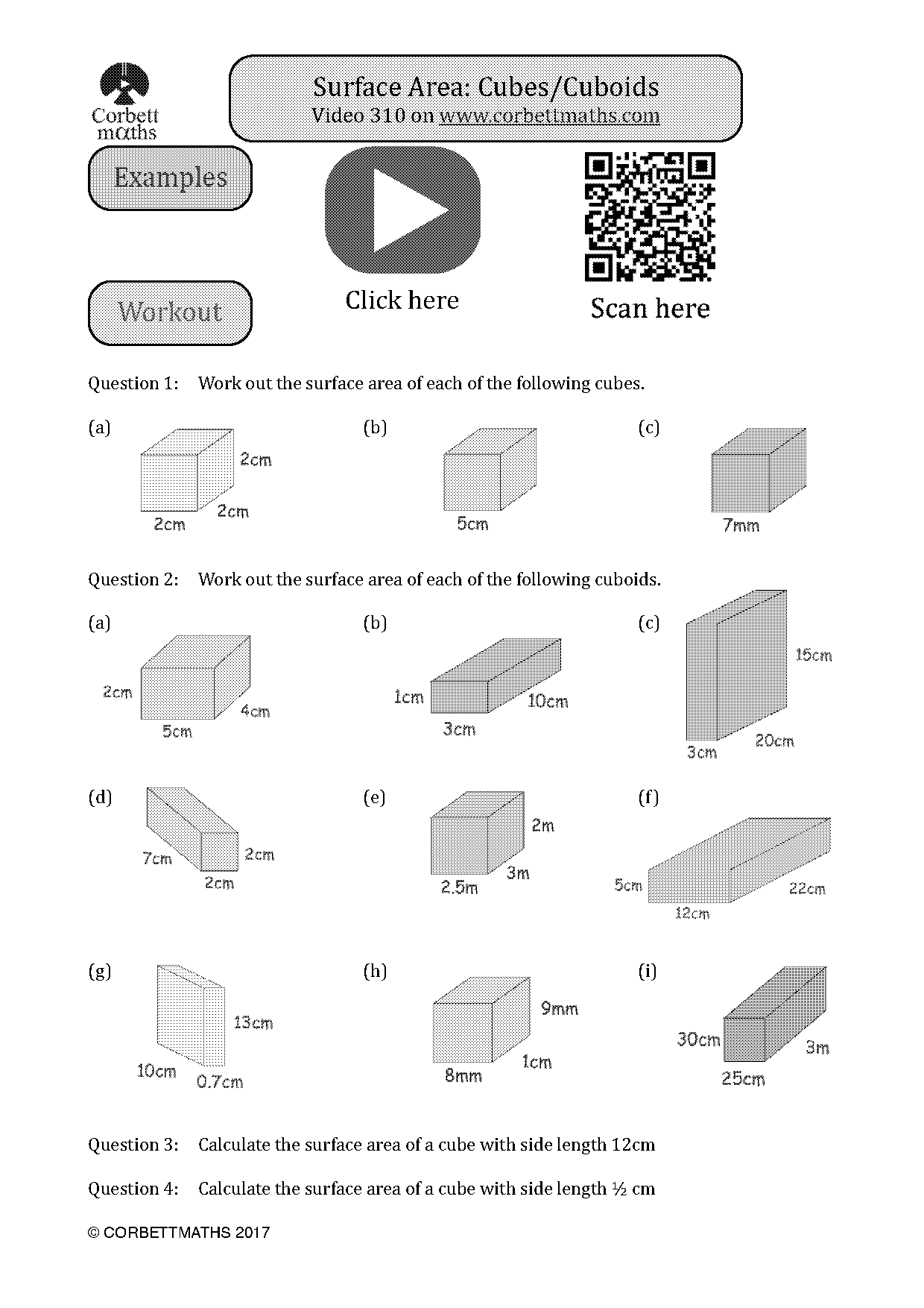 surface area and volume of cube and cuboid worksheet