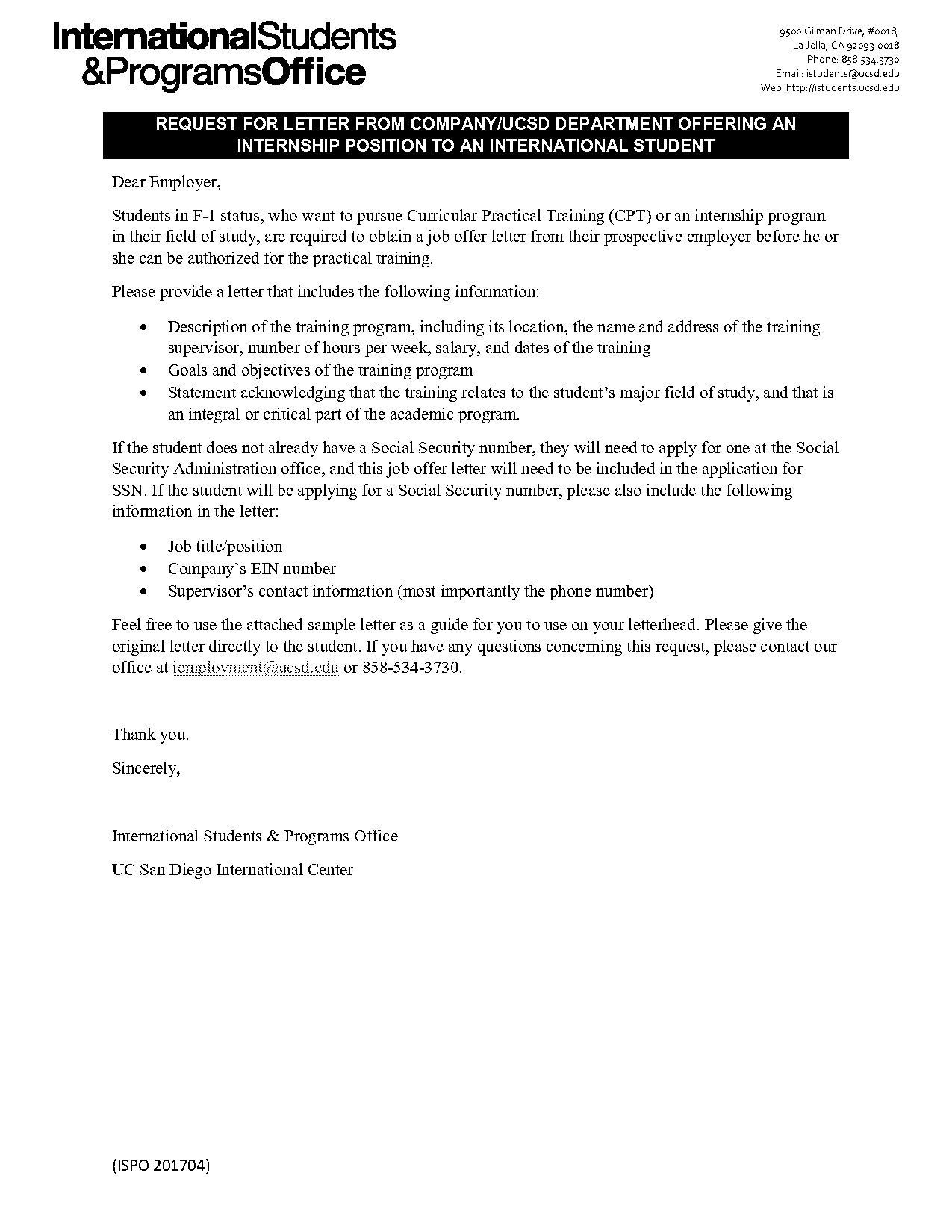 offer letter for an internship