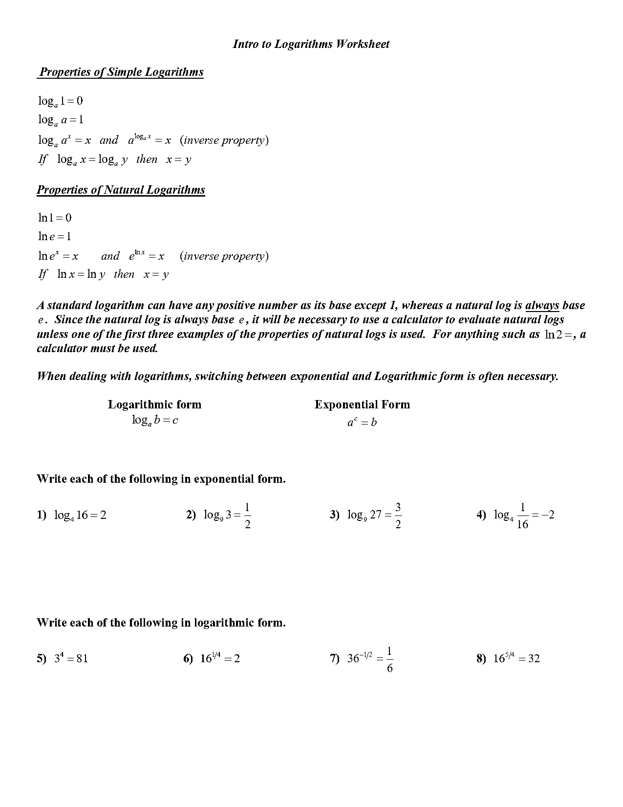 intro to logarithms worksheet answers