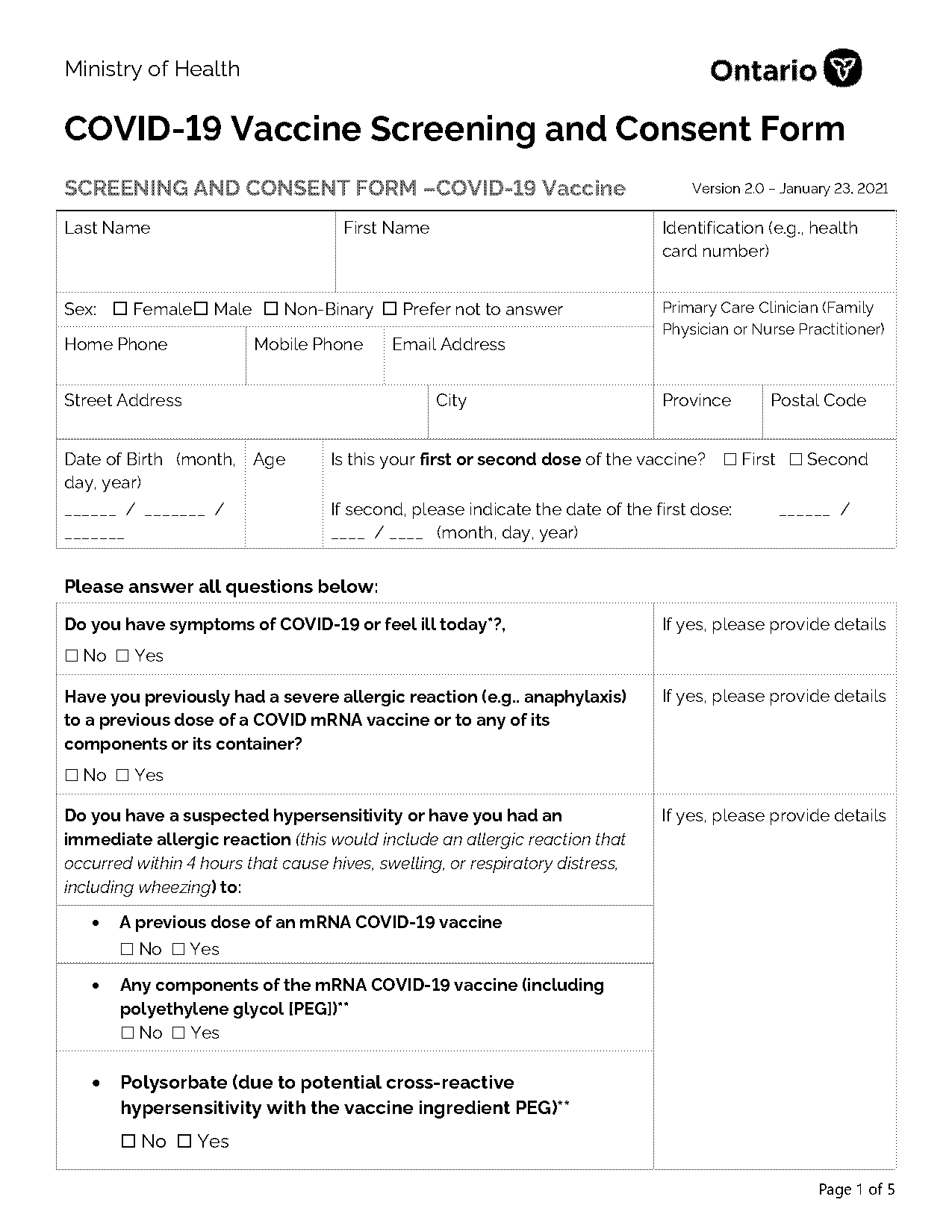 covid vaccine screening and consent form