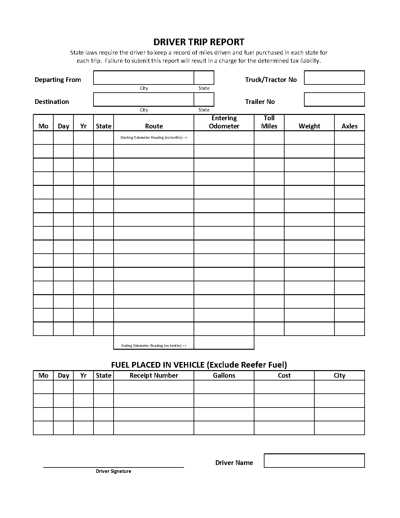 trucker trip sheet template