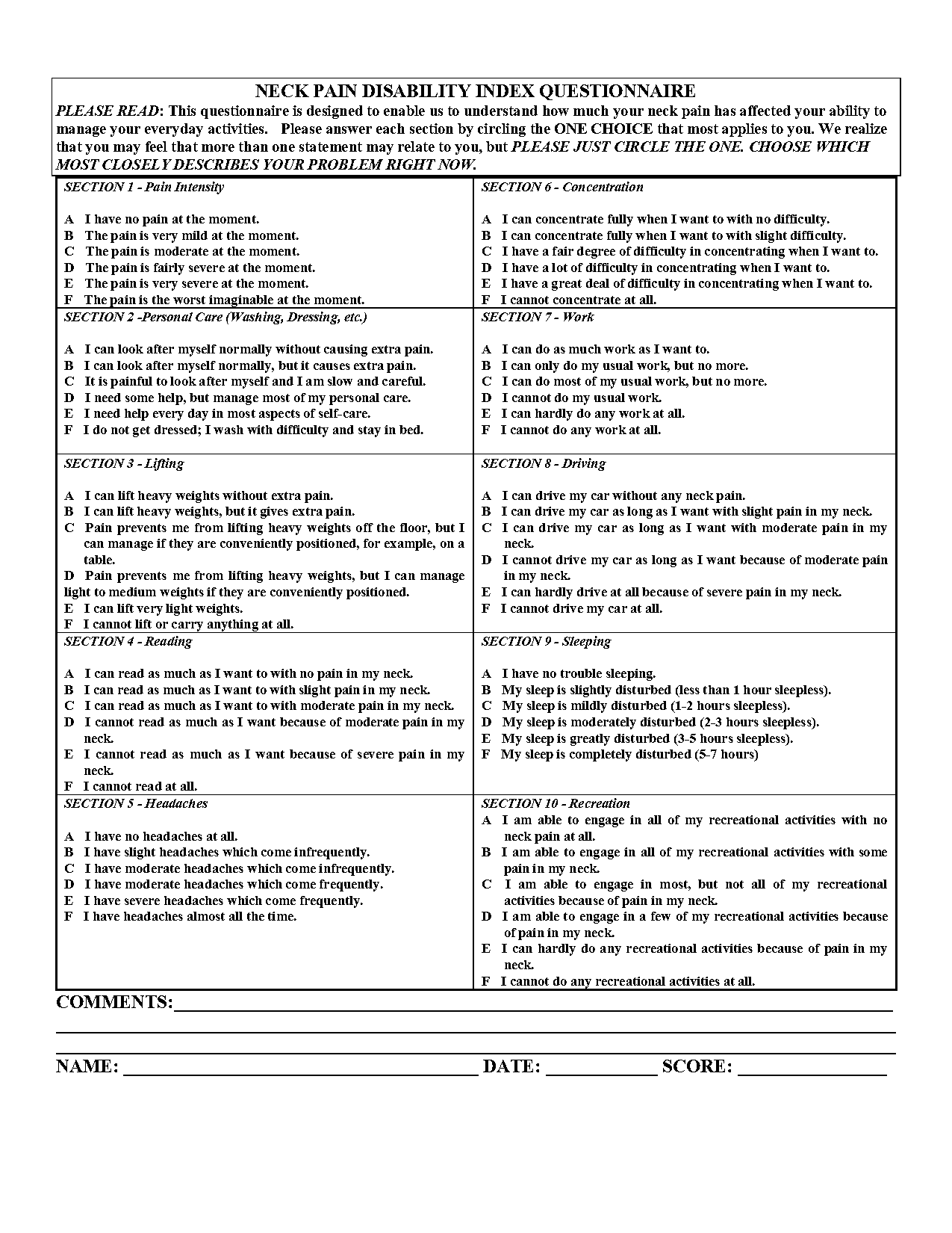 neck pain and disability index questionnaire