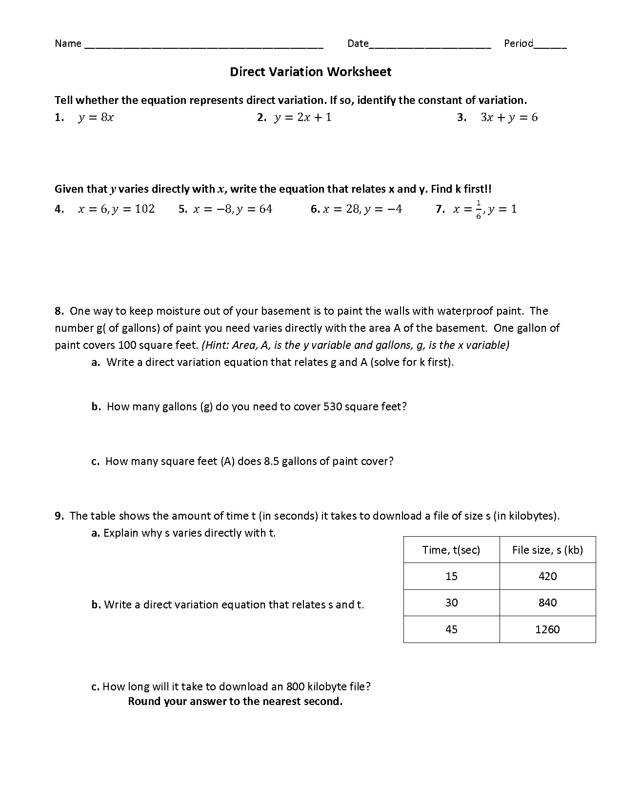 direct variation worksheet answers