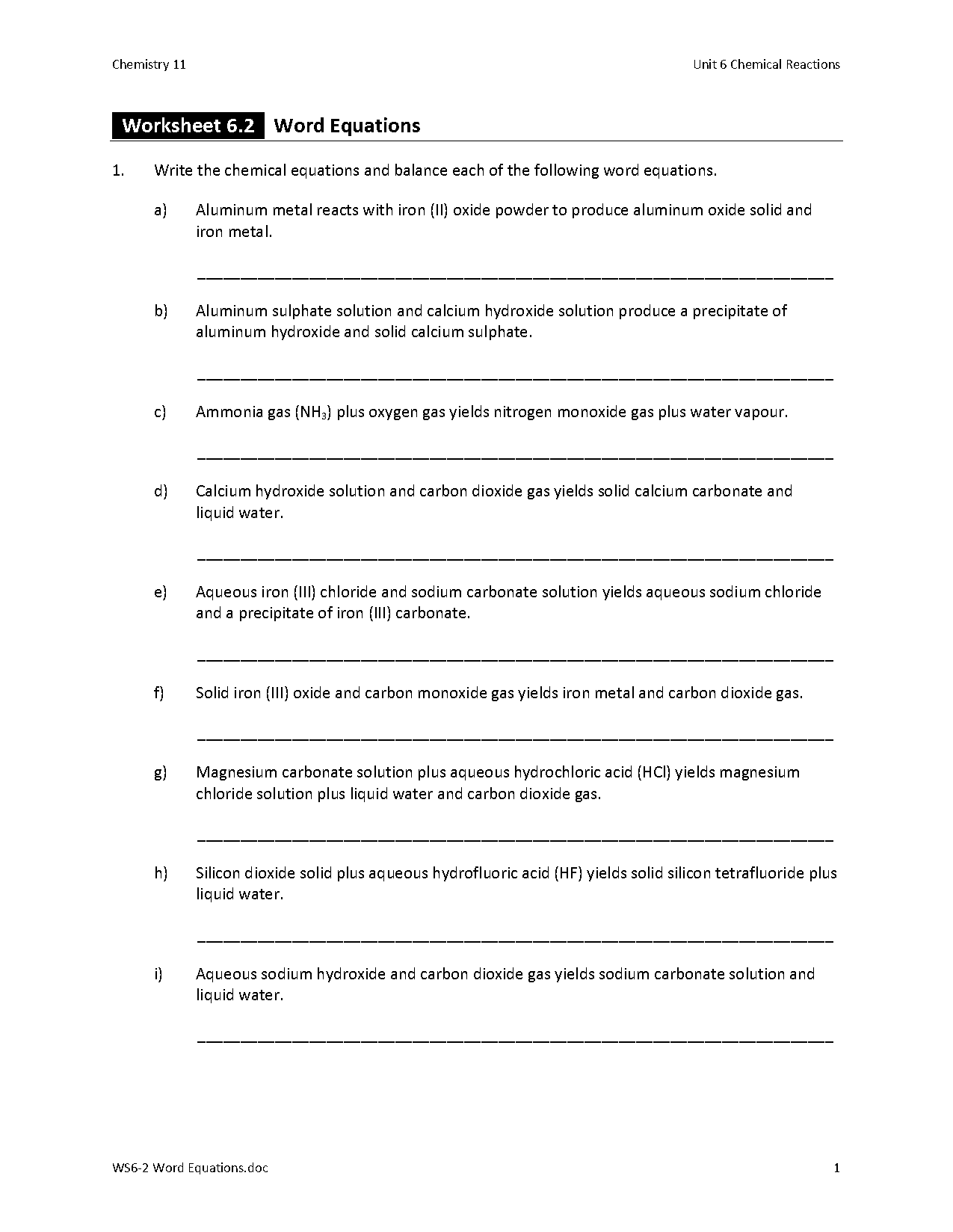 balancing and writing chemical equations worksheet answers