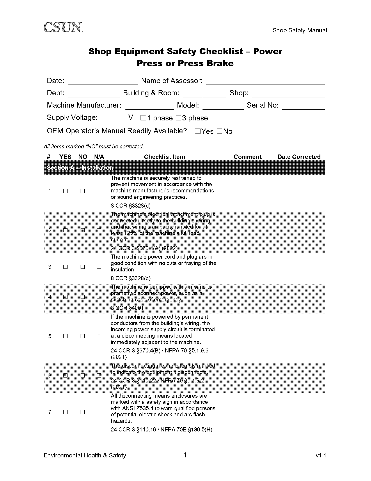 power press safety checklist