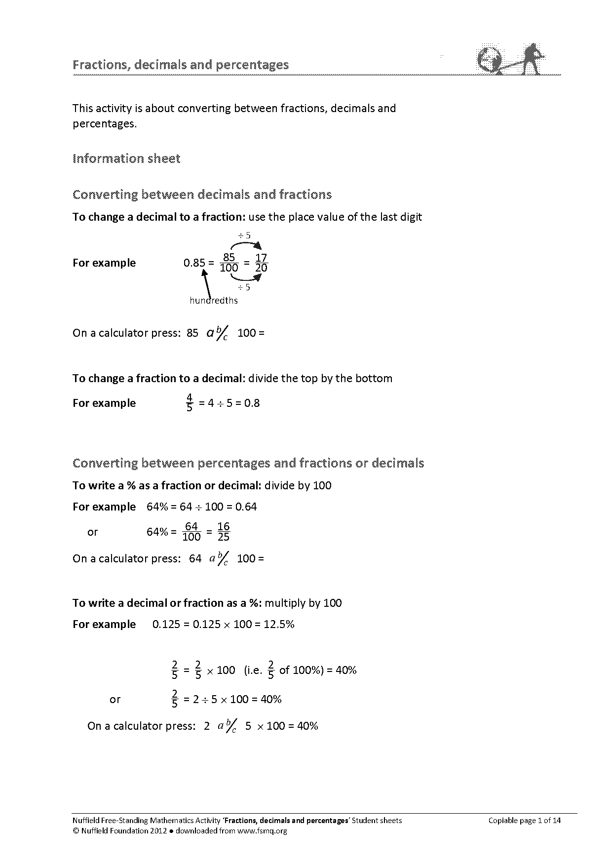 changing percentages to fractions worksheets