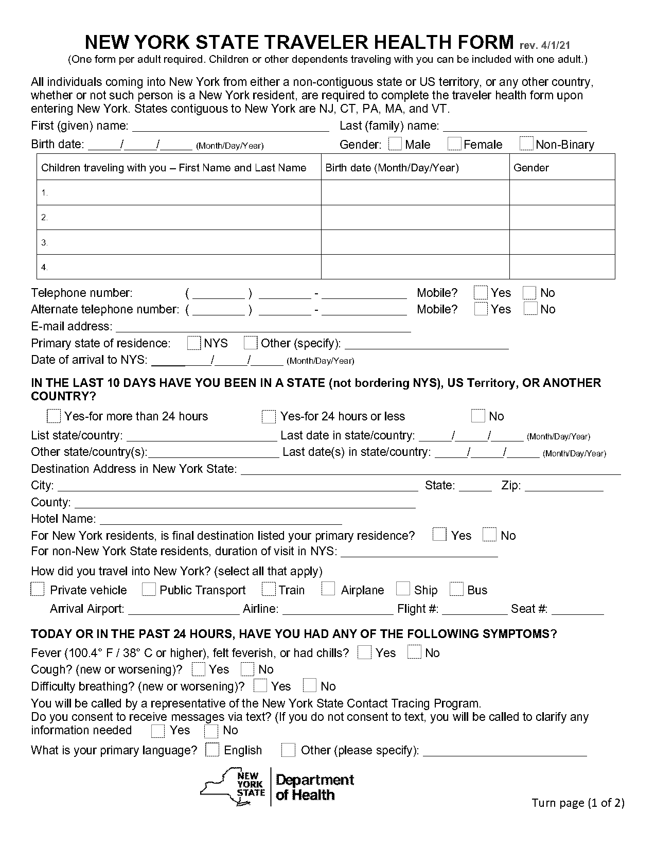 ny state traveler health form