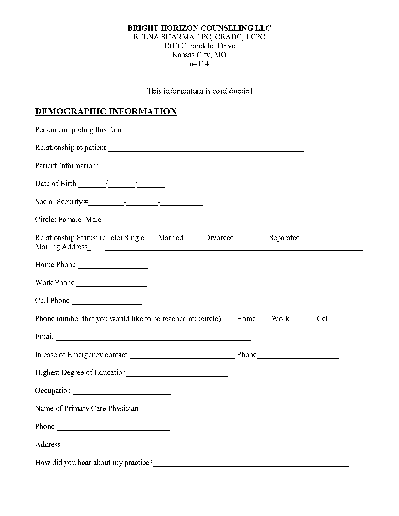 demographic form template therapist