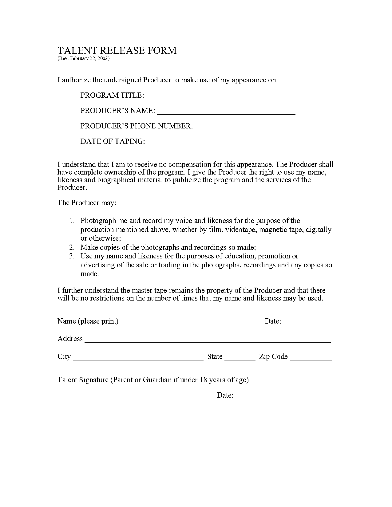 performer release and consent form