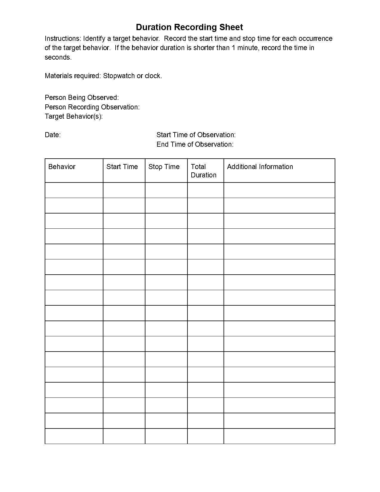 event recording data sheet pdf