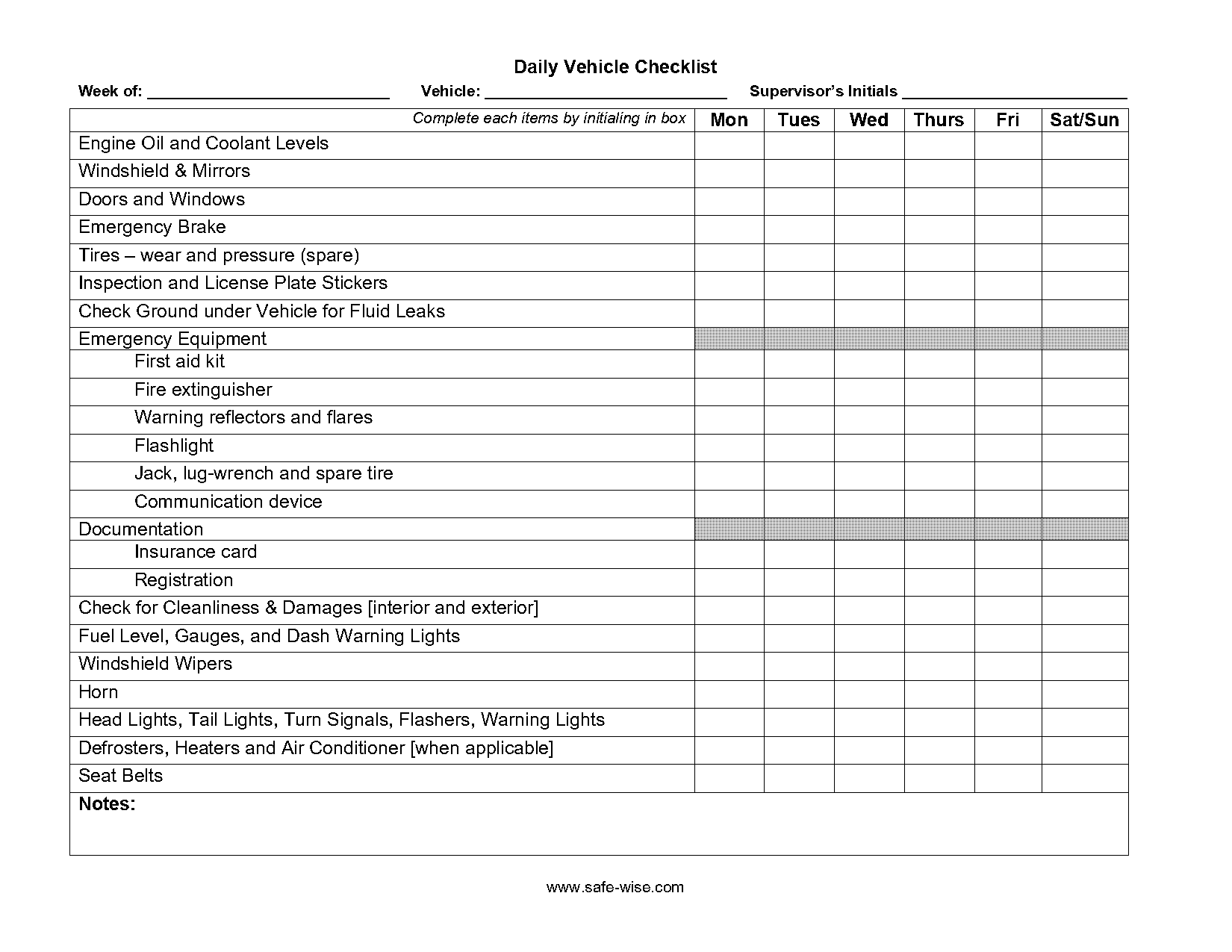 free vehicle checklist template excel