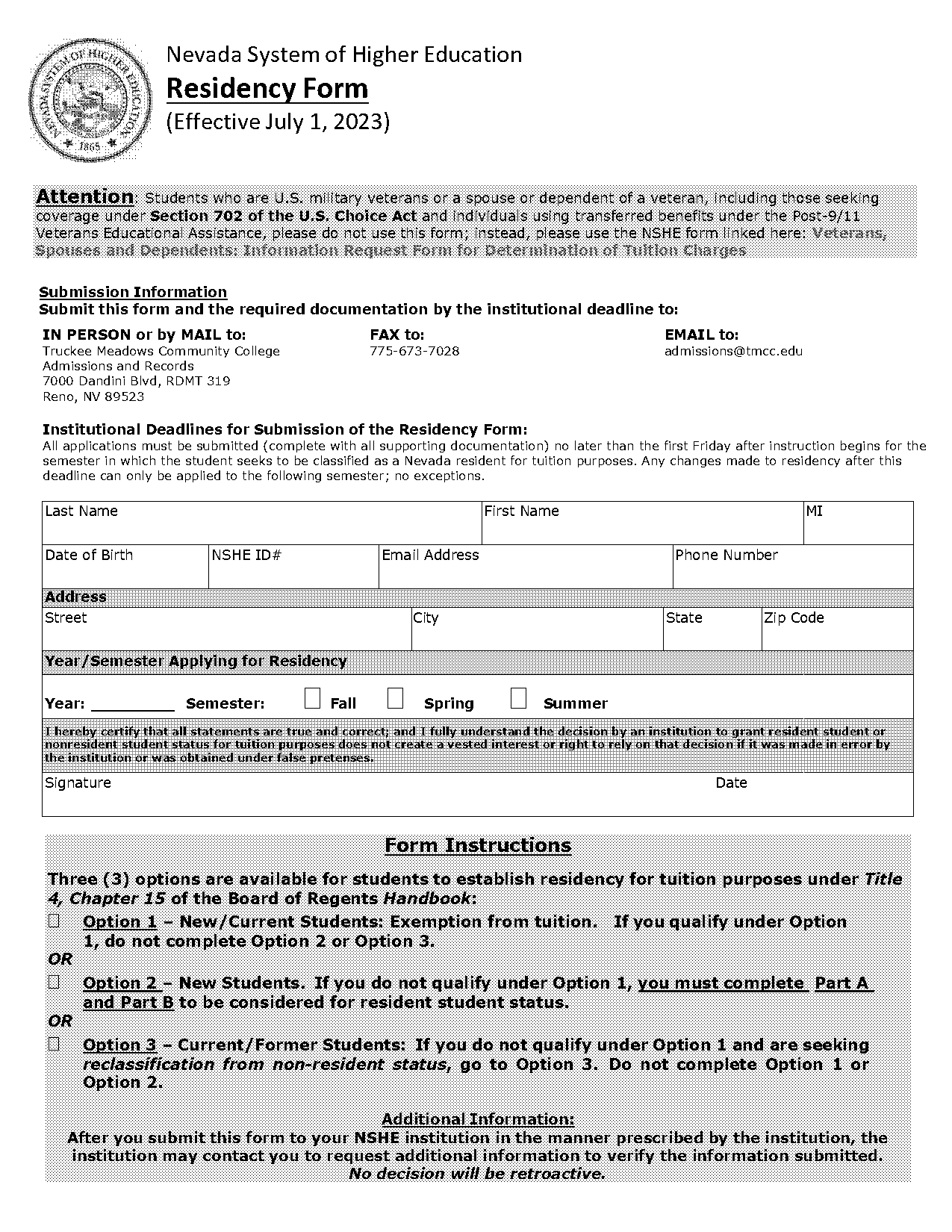 residency form for college