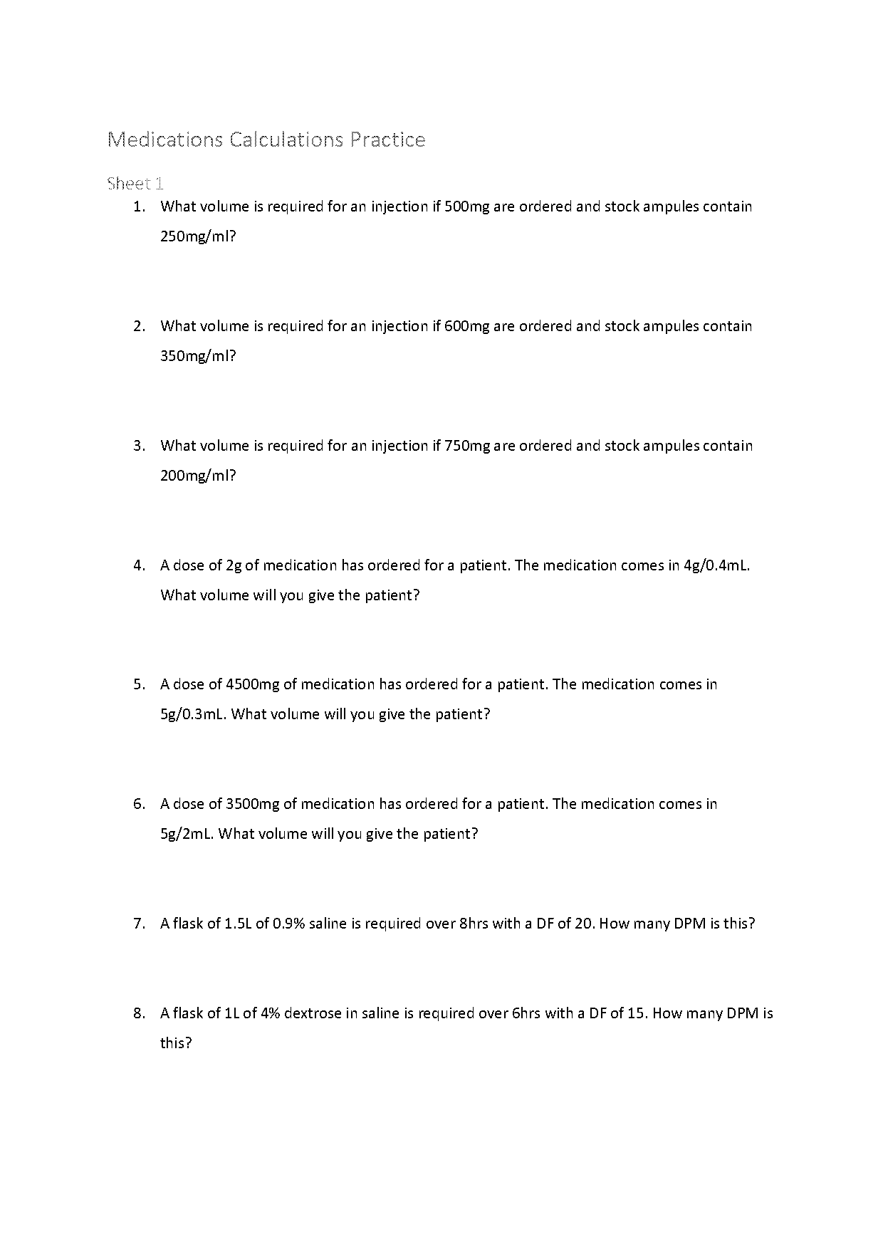 medical math worksheet answers