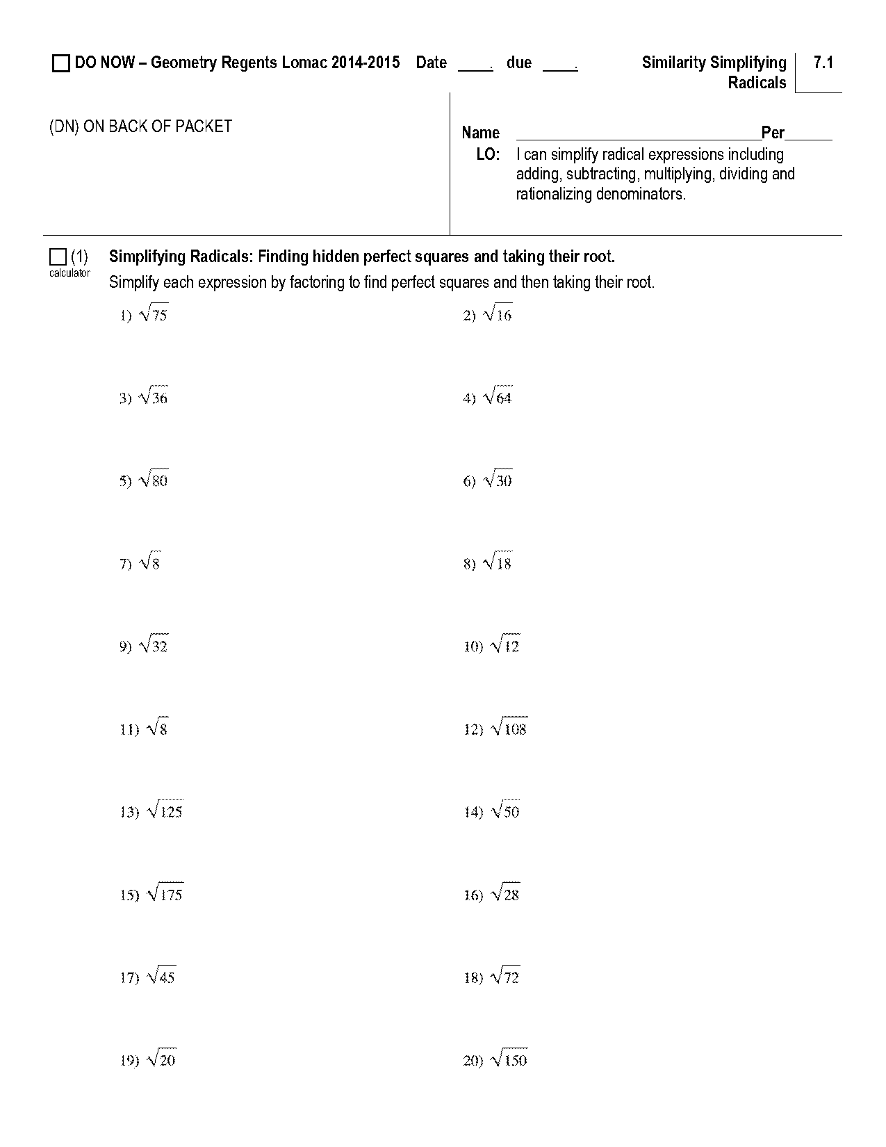 simplifying square root fractions and whole numbers worksheet