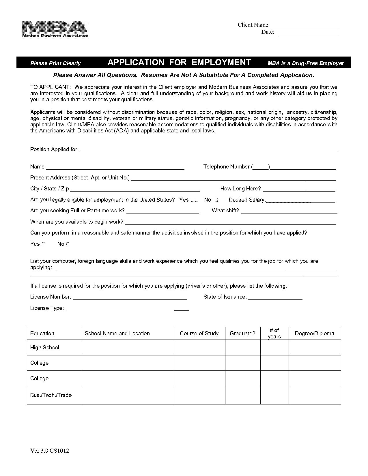 free printable job applications for employers