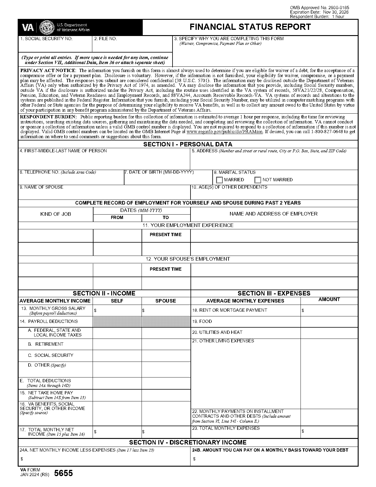 va waiver statement form