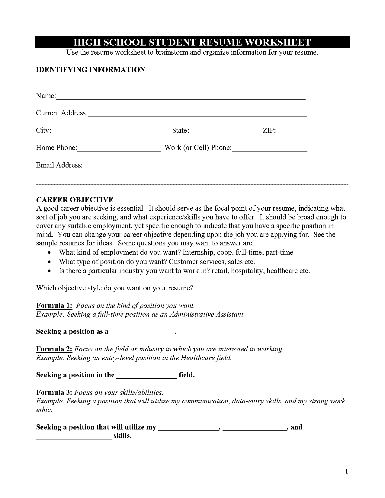 resume assignment high school