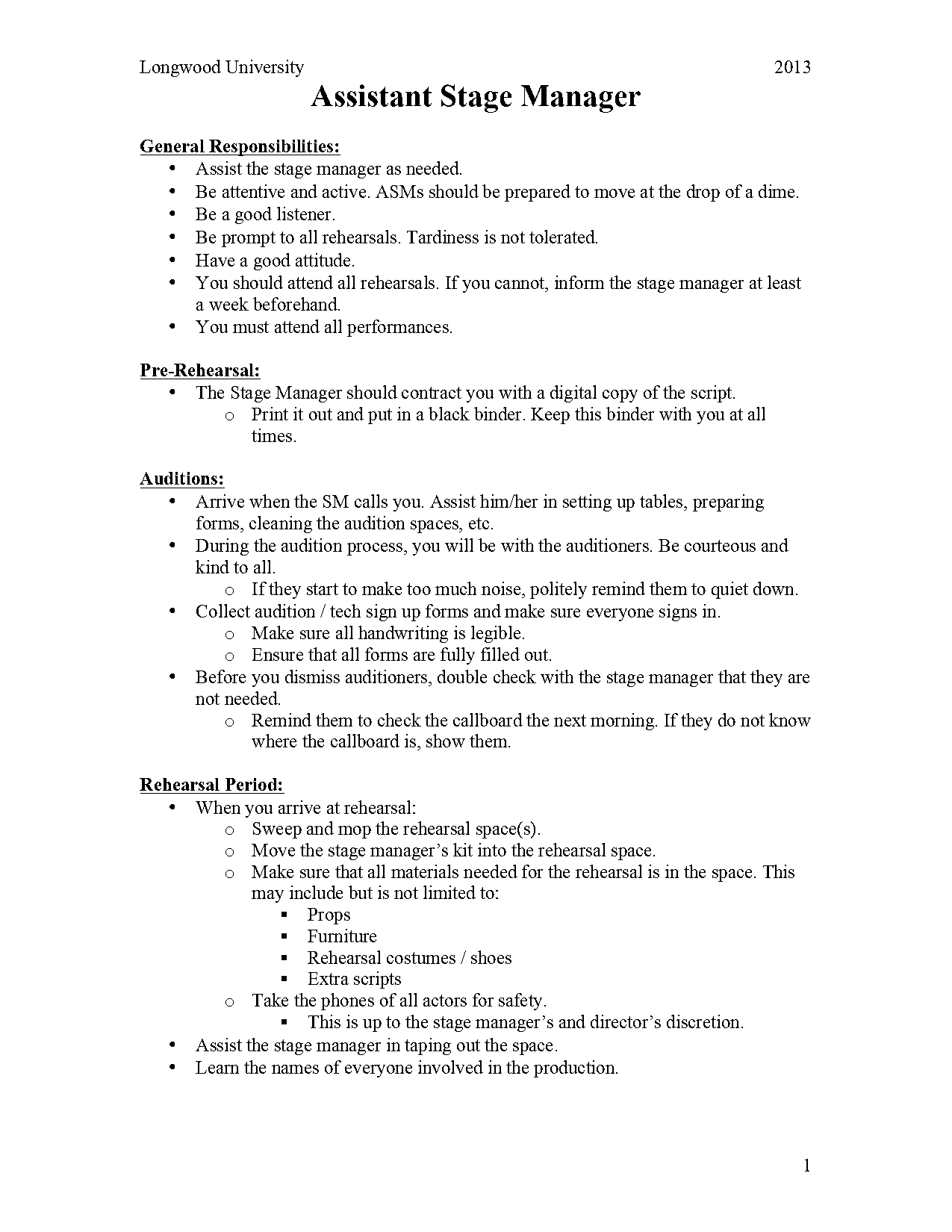 audition notes template for stage manager