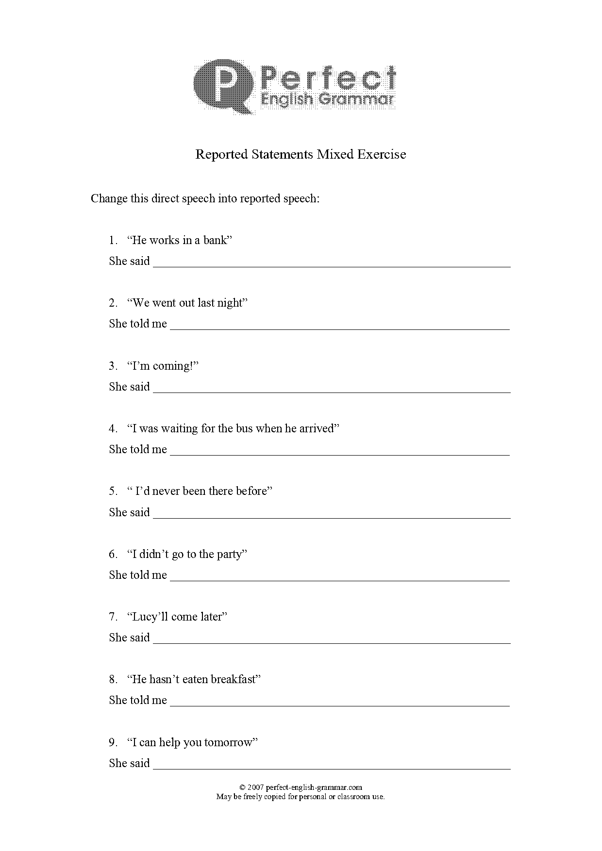 direct and indirect speech statements exercises