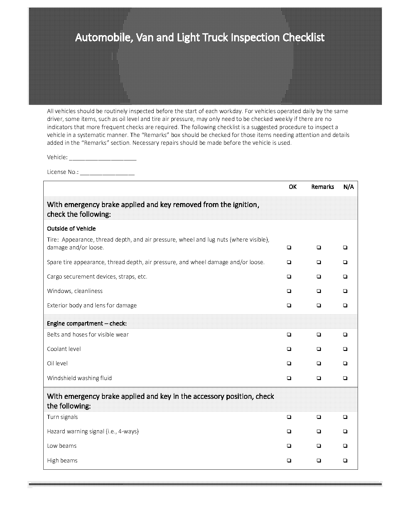 pre trip car inspection checklist