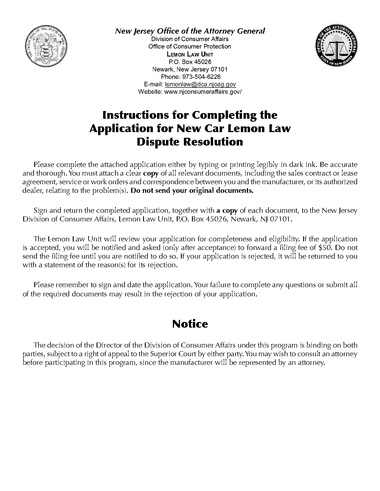 application for used car lemon law dispute resolution nj