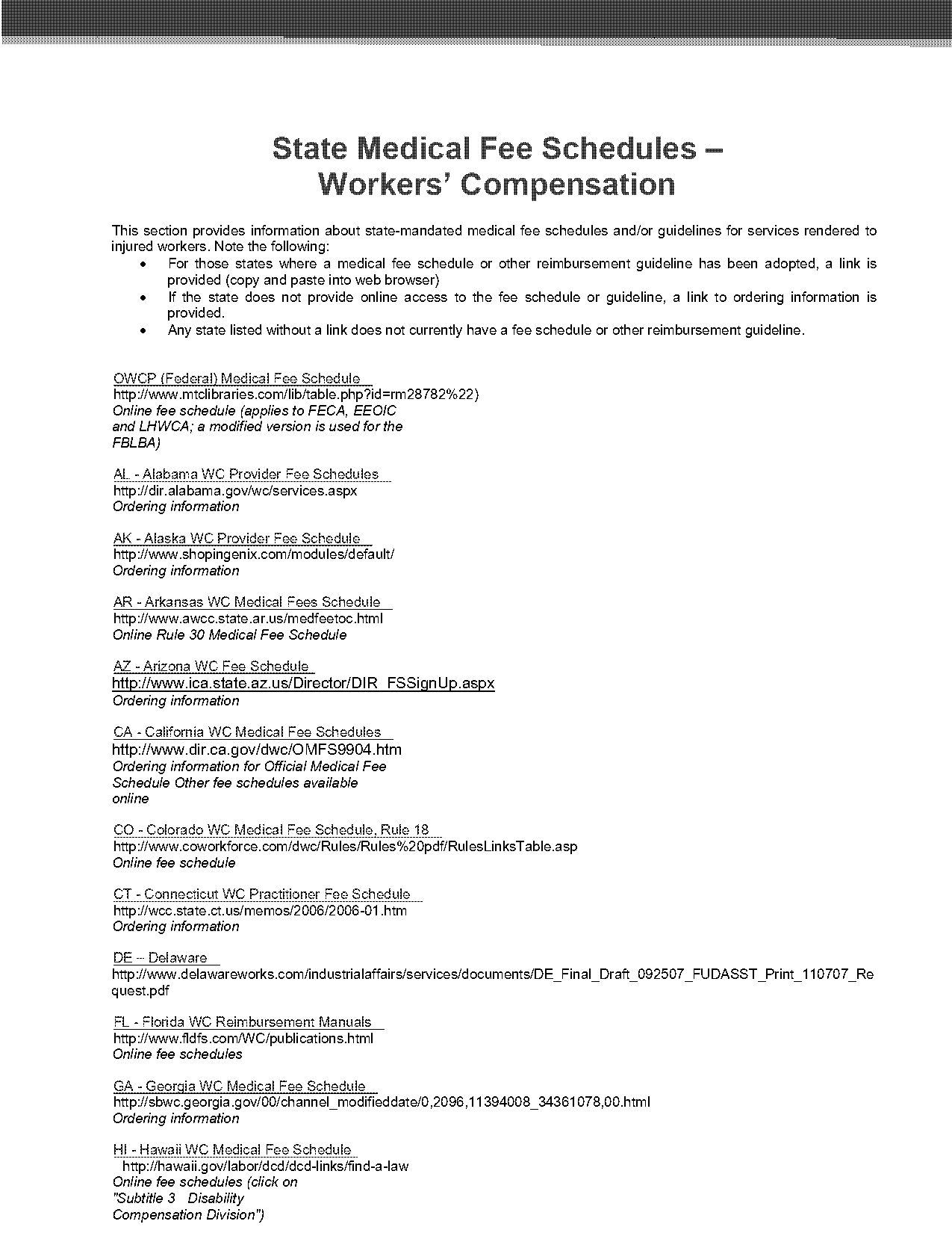 arizona work comp fee schedule