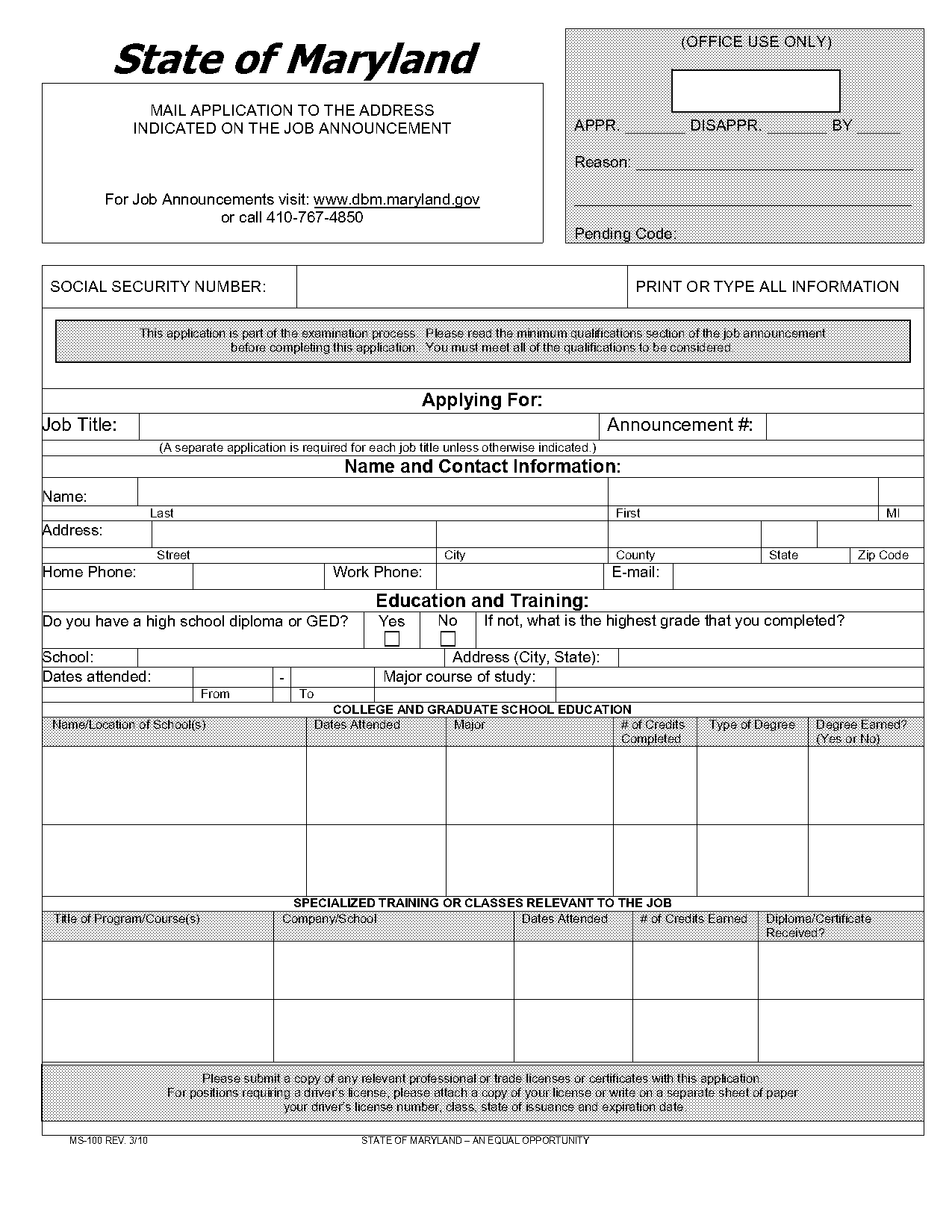 state of maryland employment application