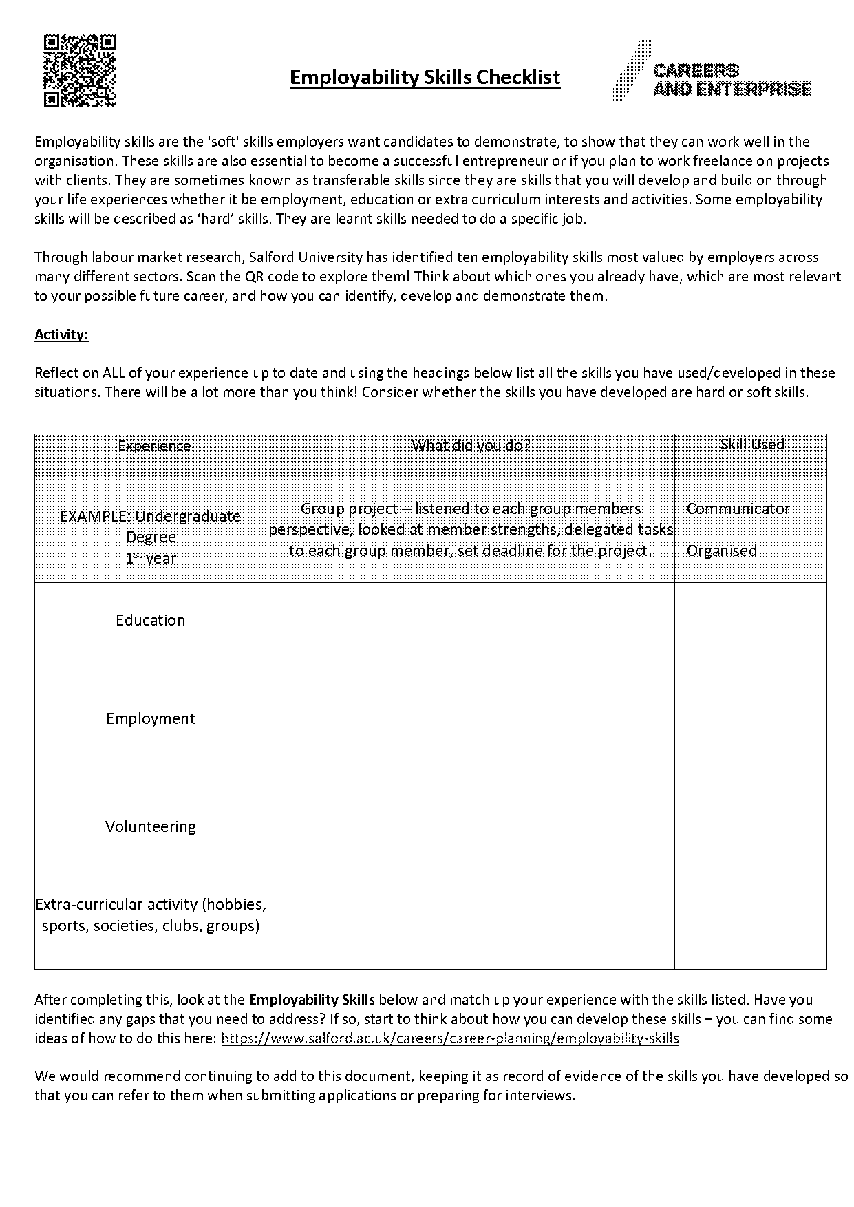 employability skills worksheet checklist