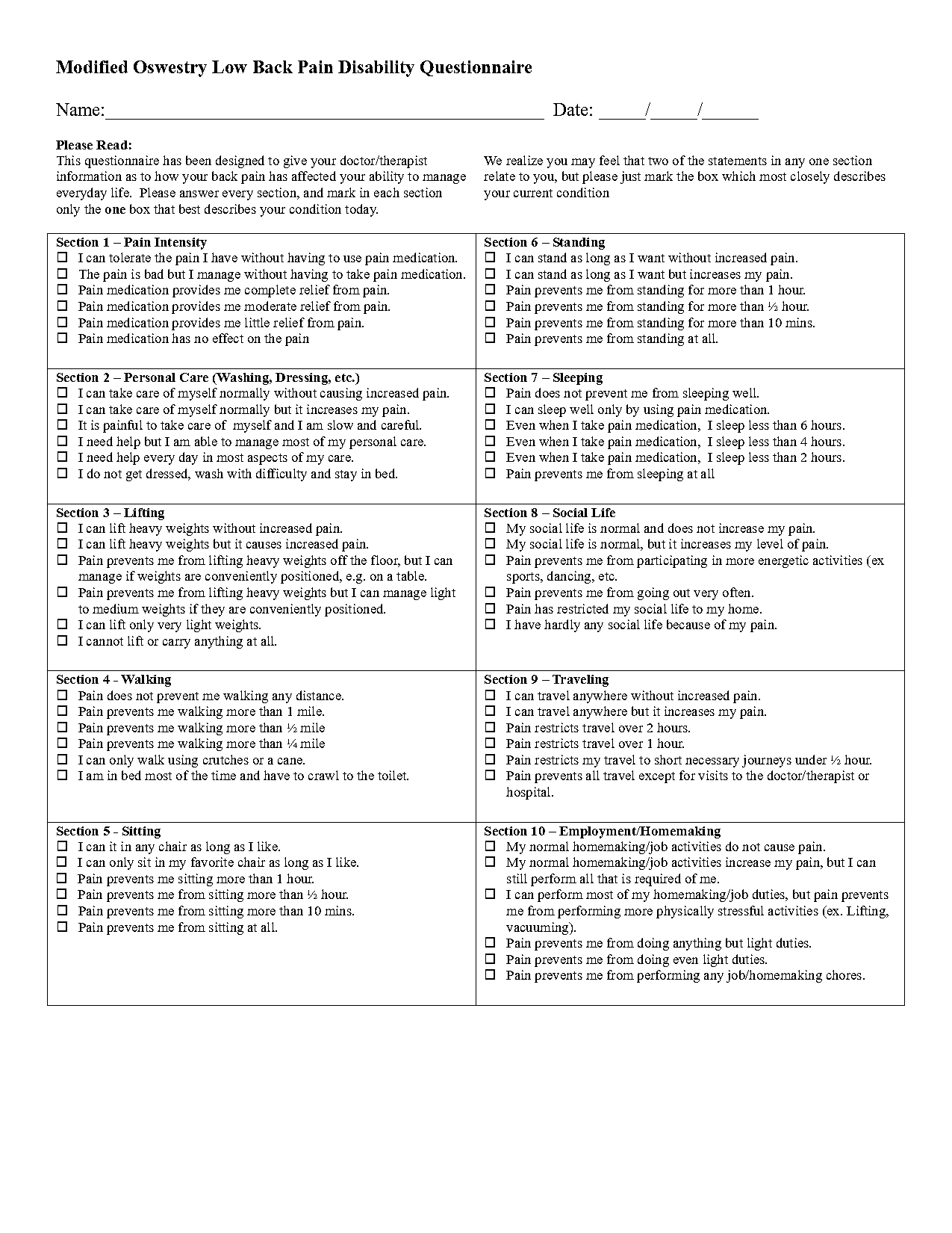 modified oswestry low back pain disability questionnaire