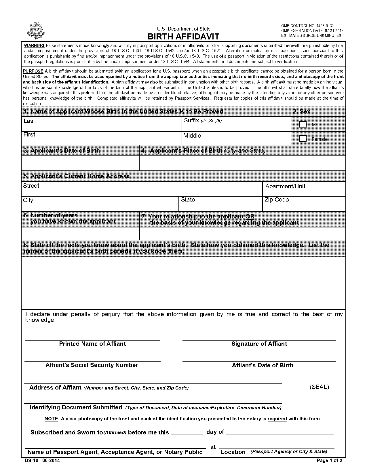 affidavit format for birth certificate for passport