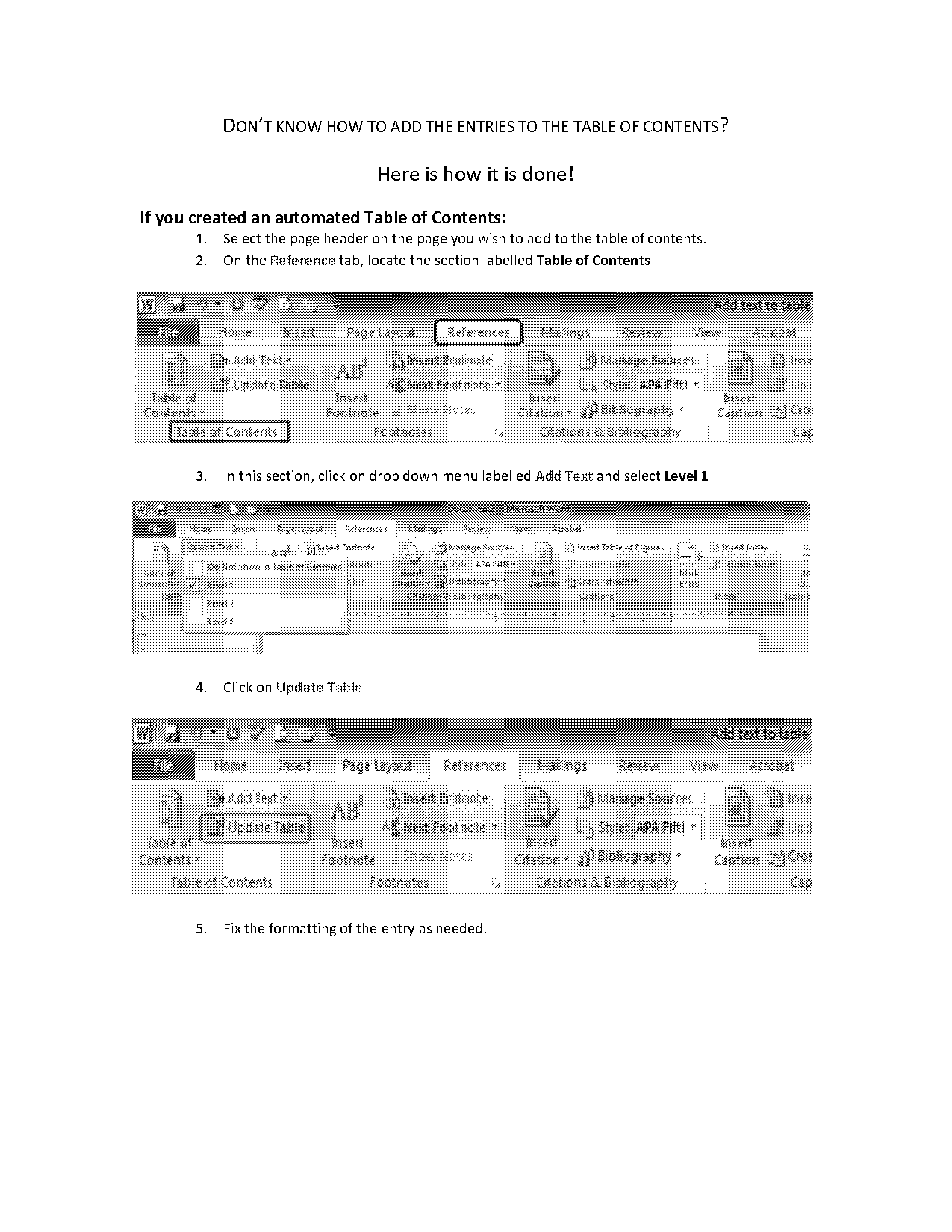 how reference section of paper word to table of contents