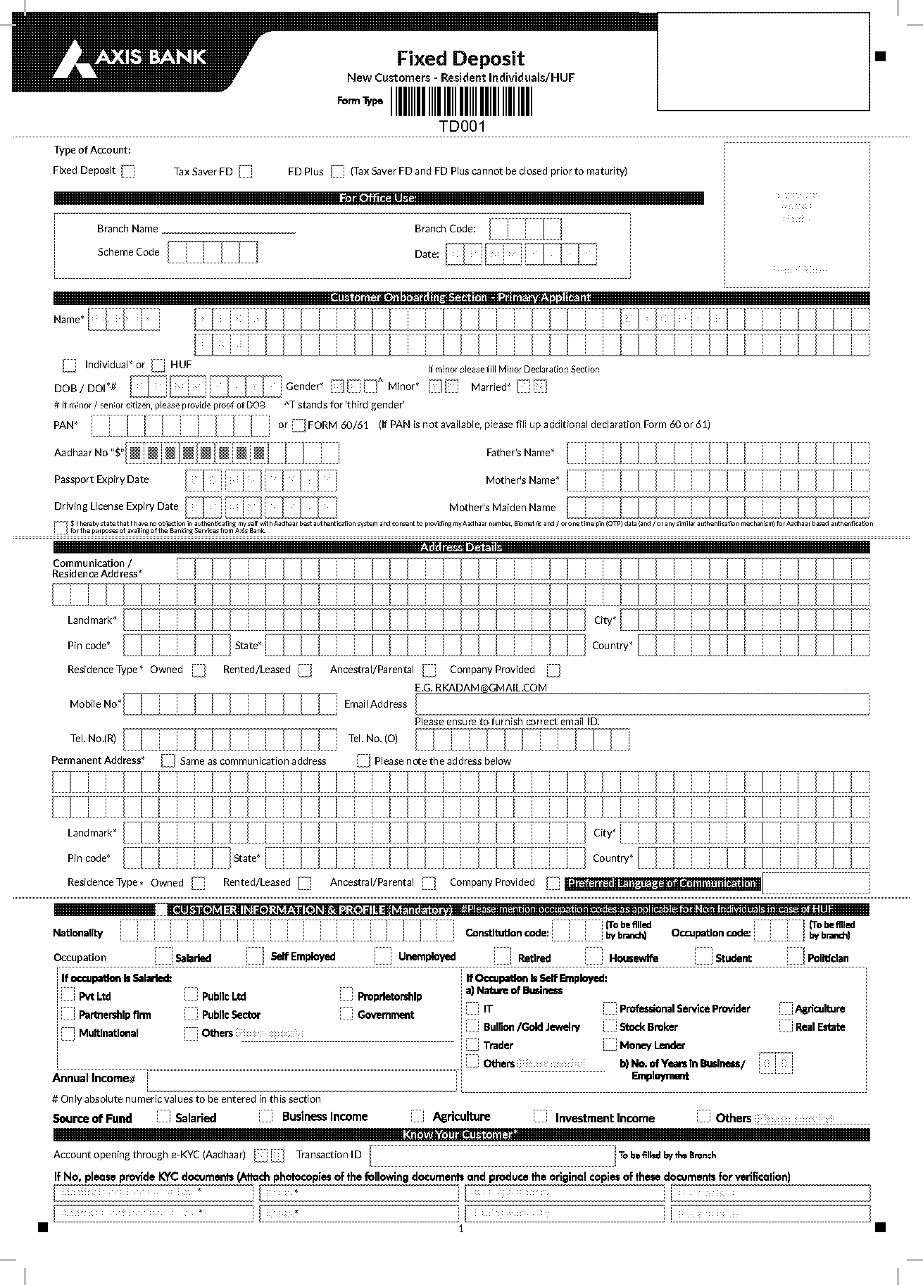 axis bank rd form