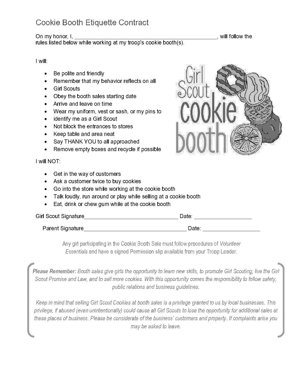 girl scout cookie booth etiquette form