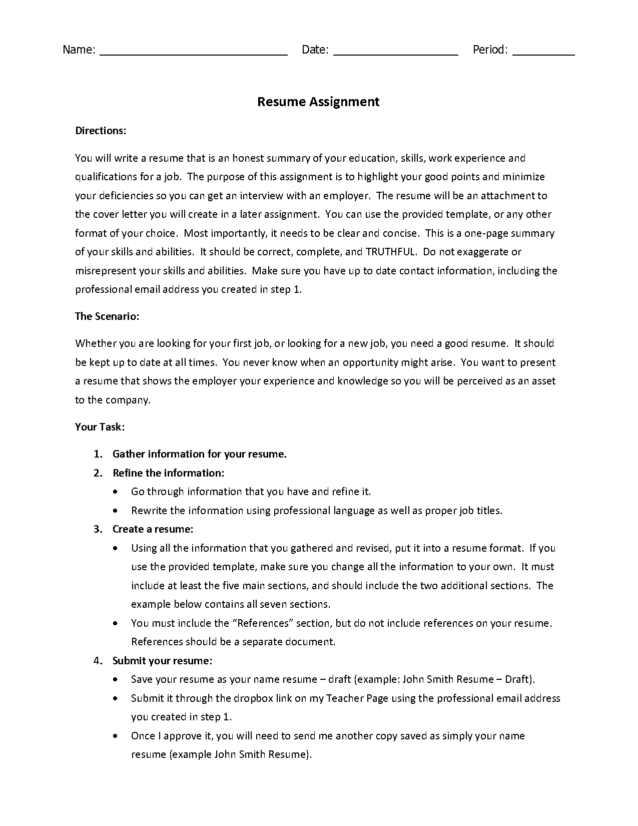 resume assignment high school