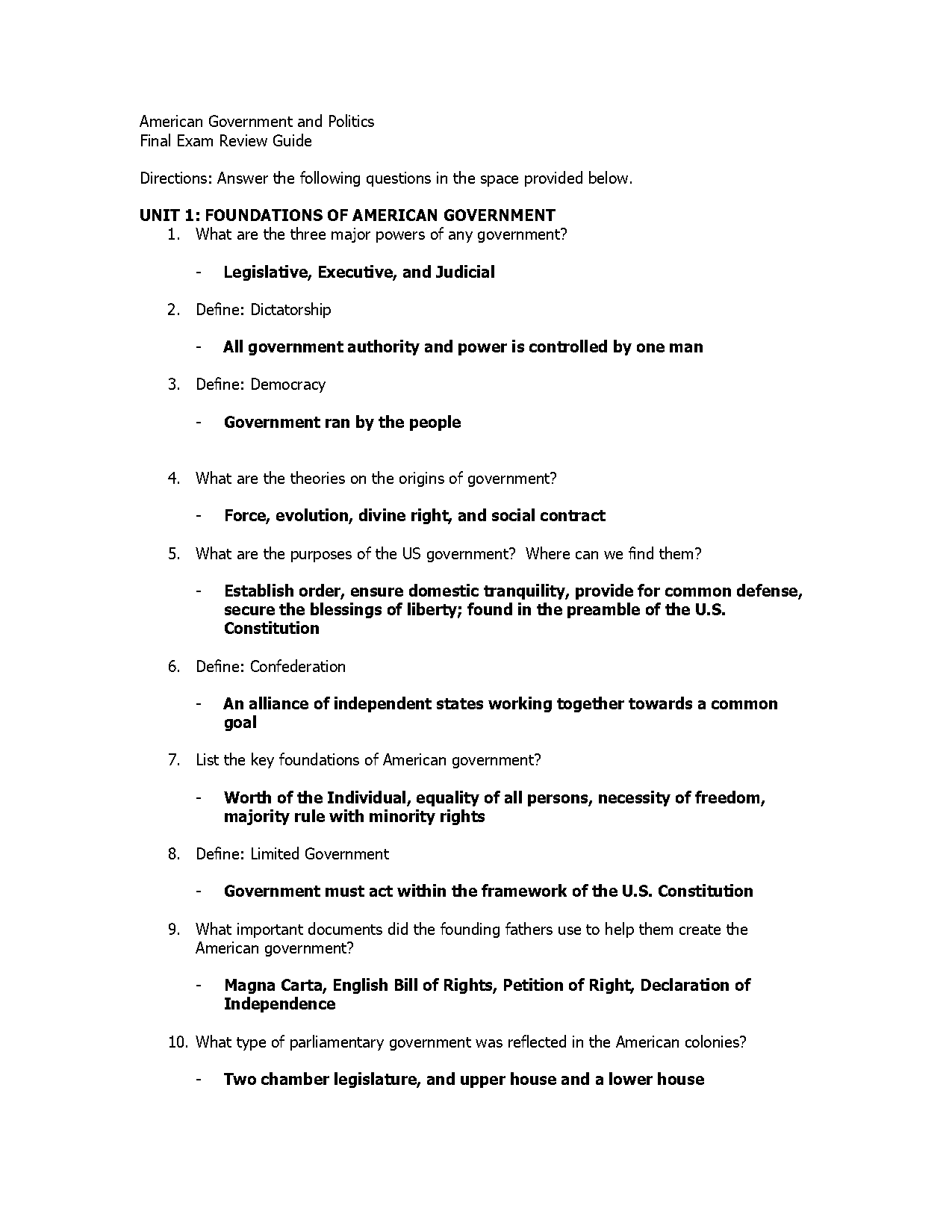 high school government final exam study guide