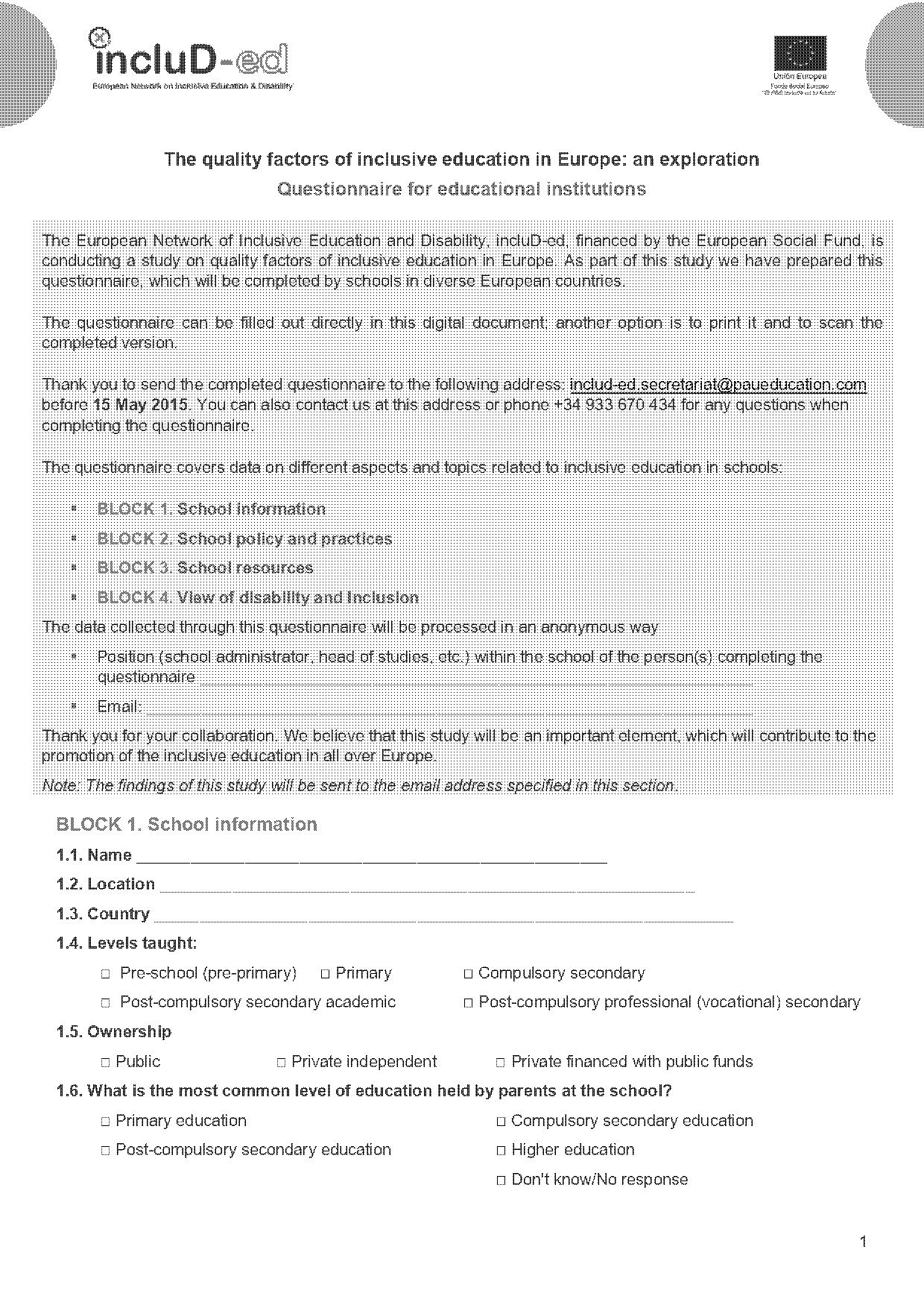 example questionnaire for inclusive education